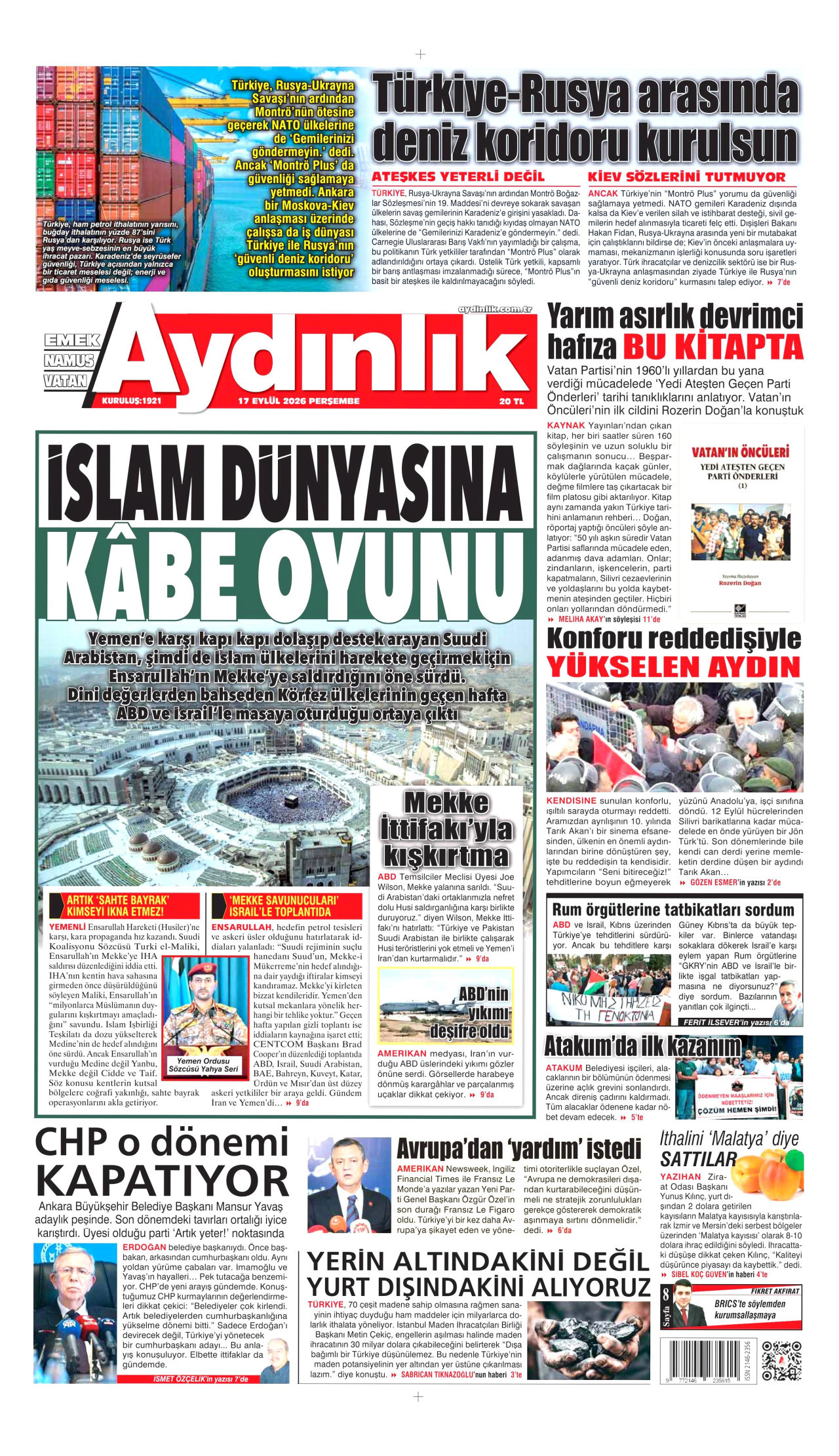 AYDINLIK GAZETESİ 17 Eylül 2026 Gazete Manşeti Büyük