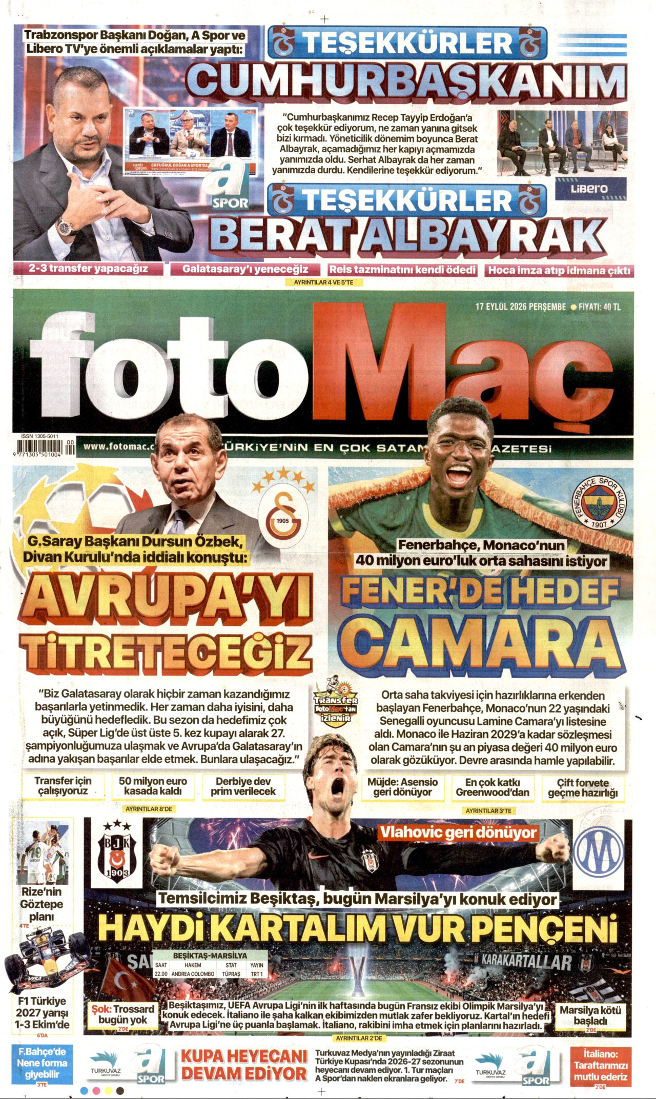FOTOMAÇ 17 Eylül 2026 Gazete Manşeti Büyük