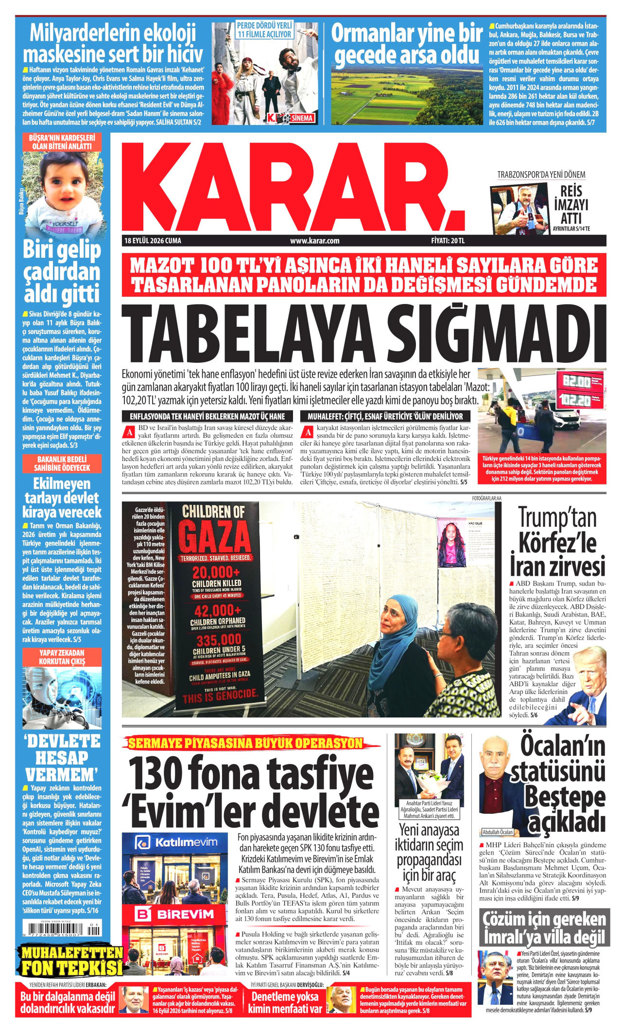 KARAR 18 Eylül 2026 Gazete Manşeti Büyük