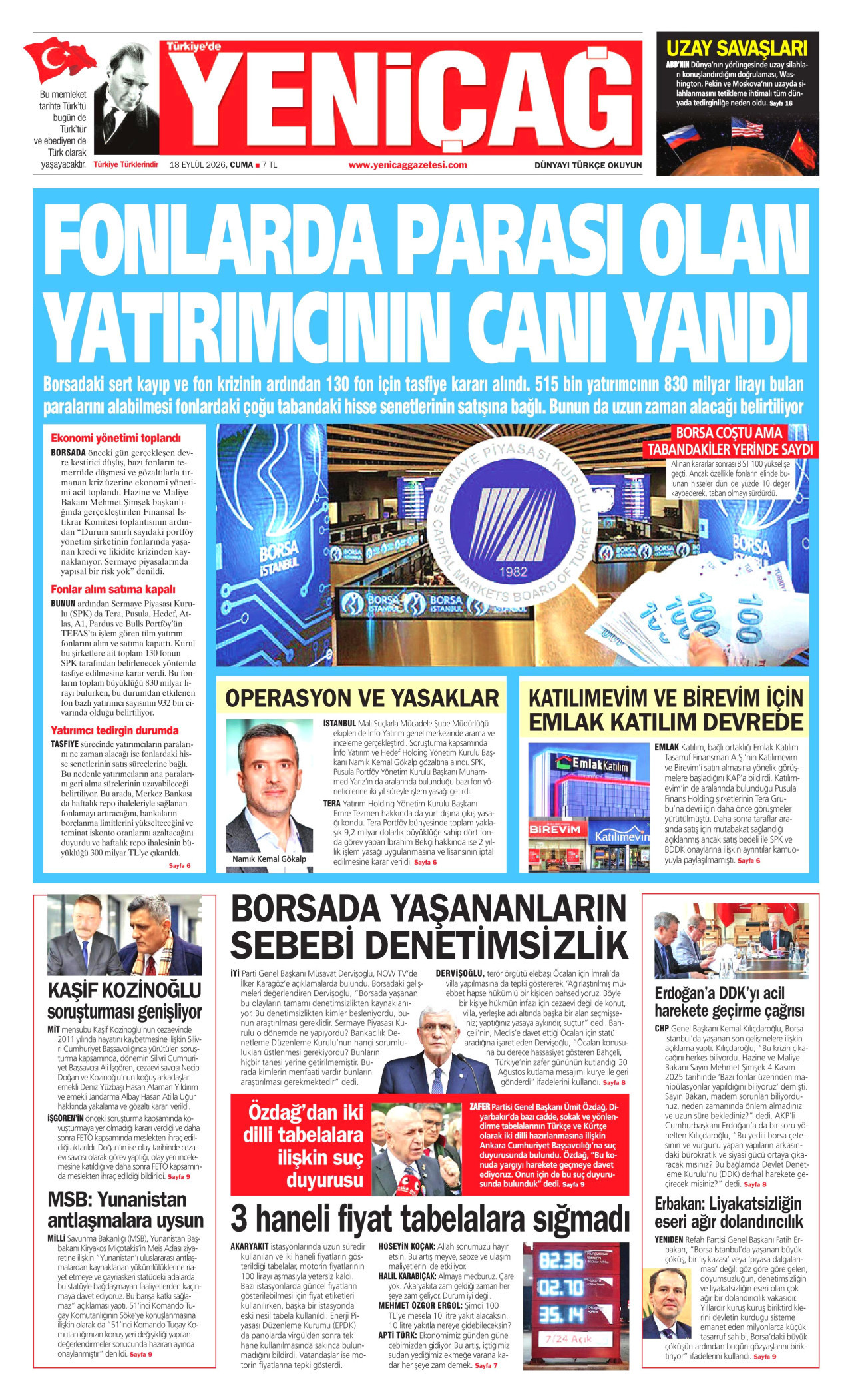 YENİÇAĞ 18 Eylül 2026 Gazete Manşeti Büyük