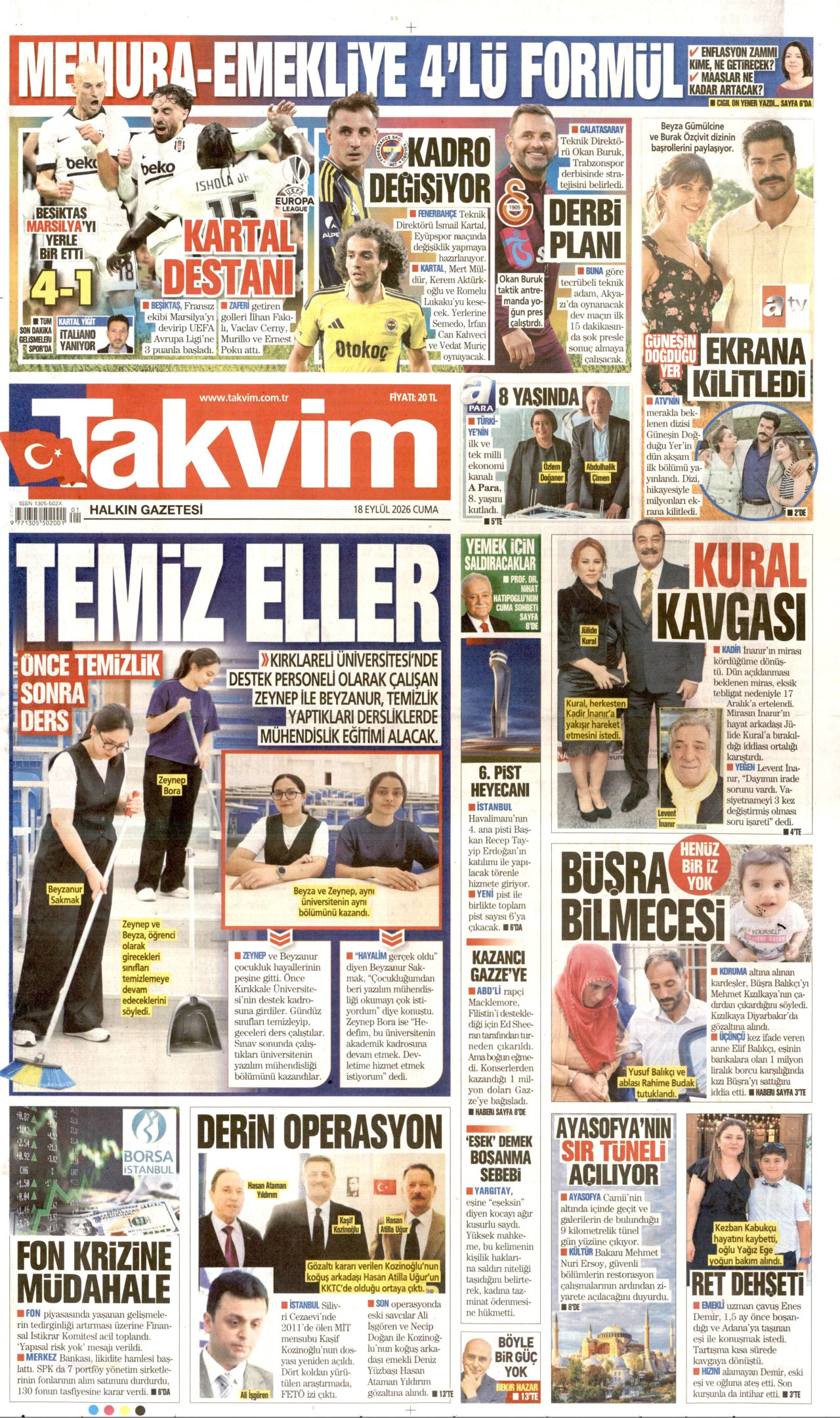 TAKVİM 18 Eylül 2026 Gazete Manşeti Büyük