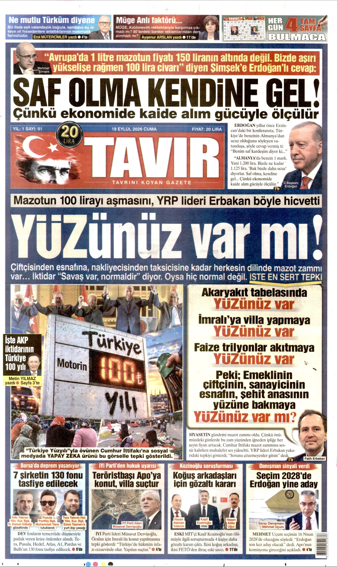TAVIR GAZETESİ 18 Eylül 2026 Gazete Manşeti Büyük