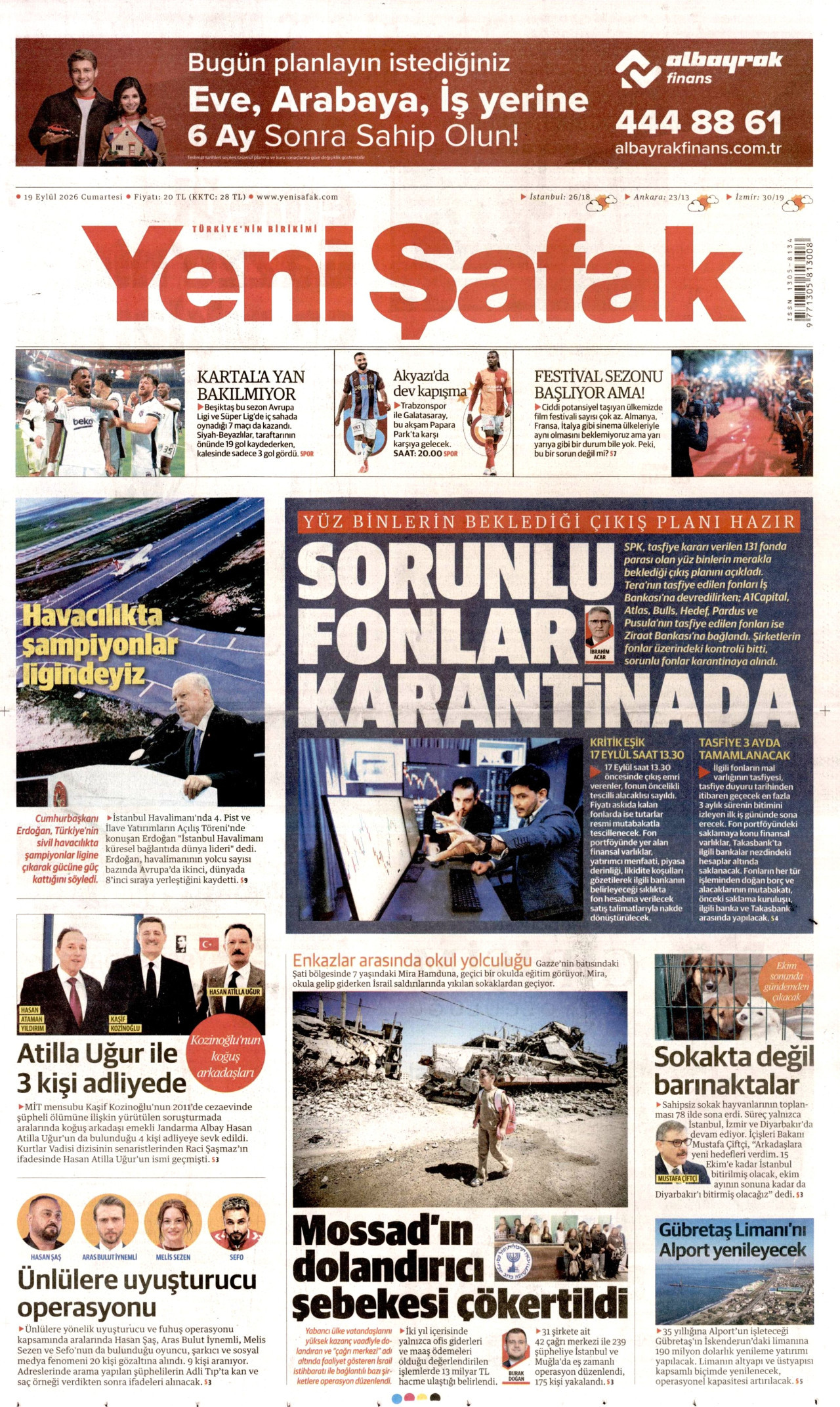YENİ ŞAFAK gazetesinin 19 Eylül 2026 tarihli birinci sayfası