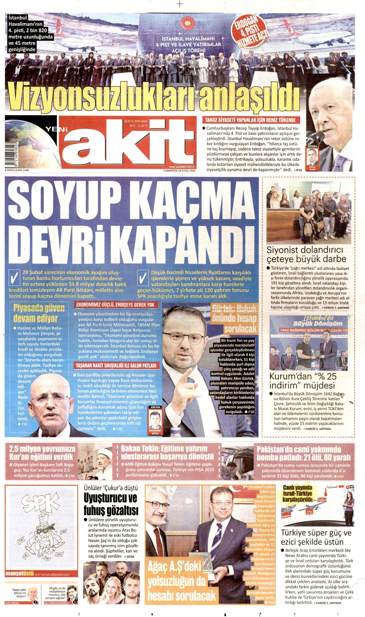 YENİ AKİT gazetesinin 19 Eylül 2026 tarihli birinci sayfası