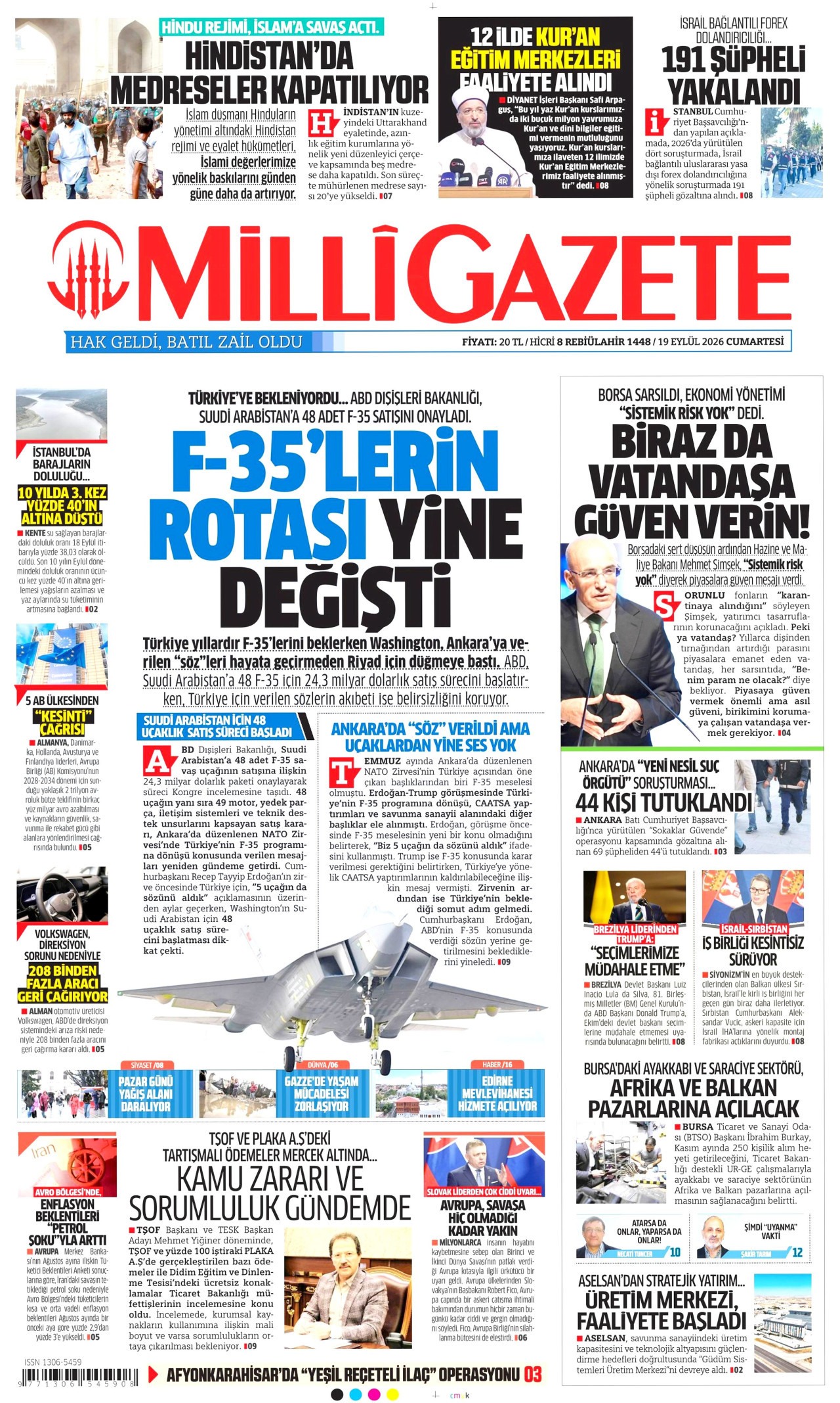 MİLLİ GAZETE gazetesinin 19 Eylül 2026 tarihli birinci sayfası