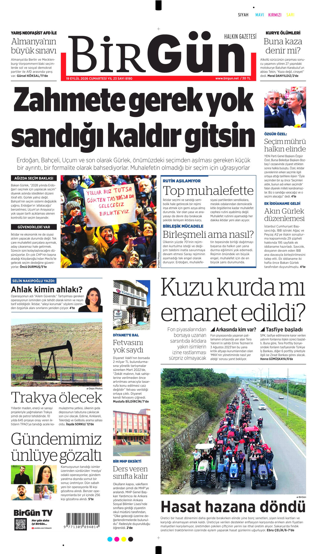 BİRGÜN gazetesinin 19 Eylül 2026 tarihli birinci sayfası