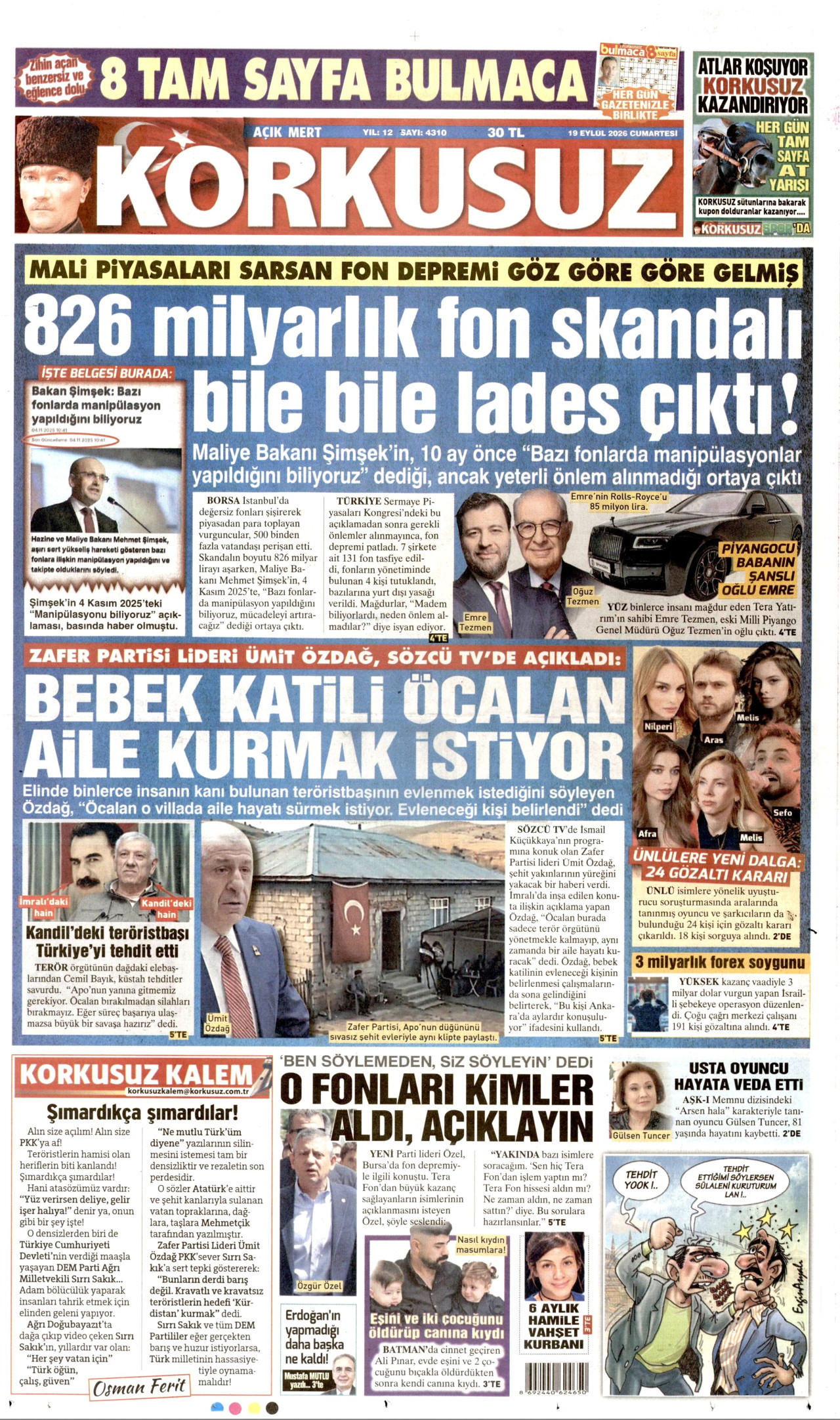 KORKUSUZ gazetesinin 19 Eylül 2026 tarihli birinci sayfası