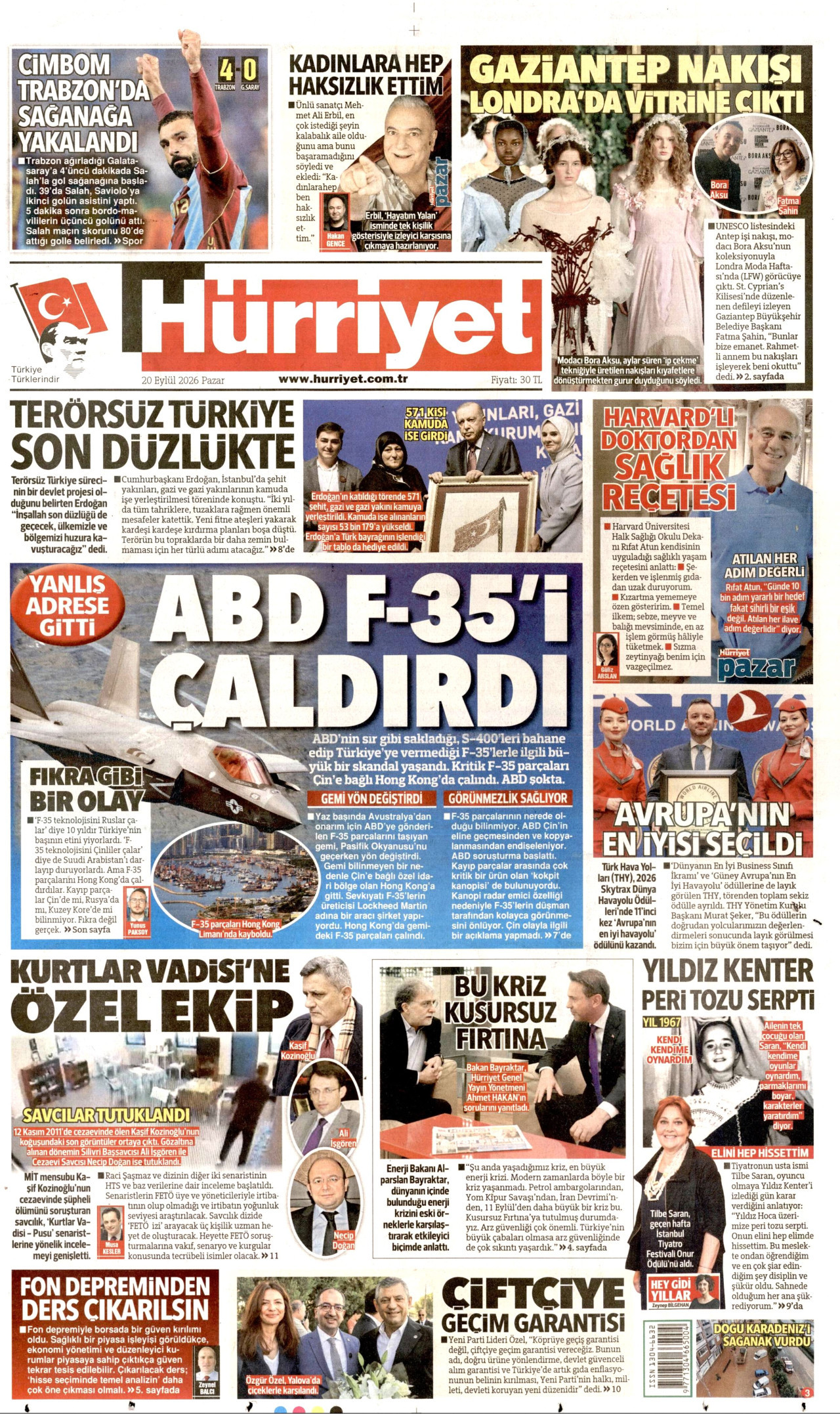 HÜRRİYET gazetesinin 20 Eylül 2026 tarihli birinci sayfası