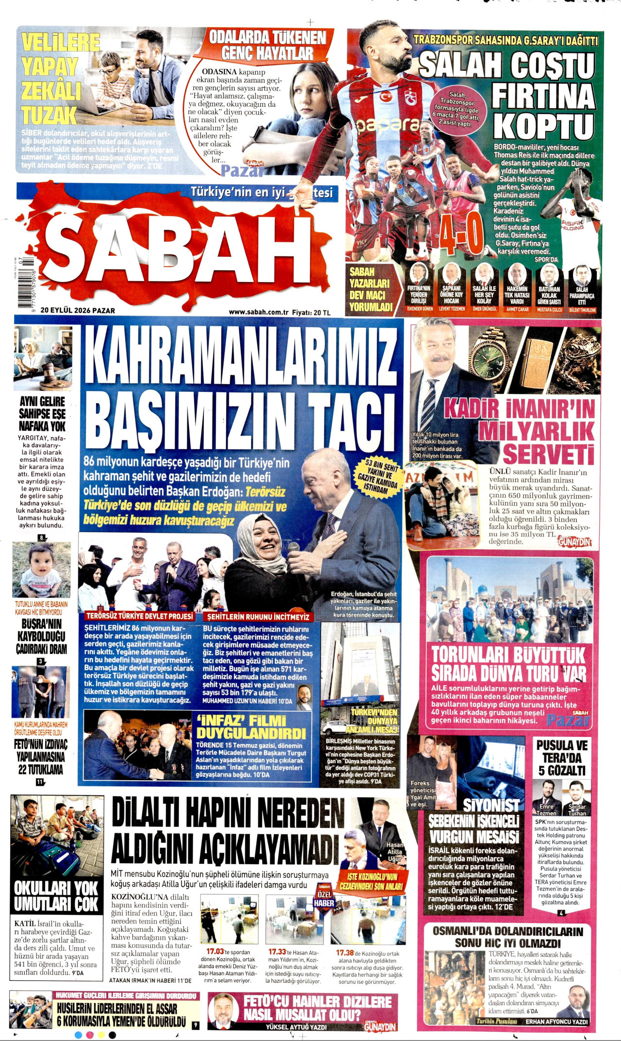 SABAH gazetesinin 20 Eylül 2026 tarihli birinci sayfası