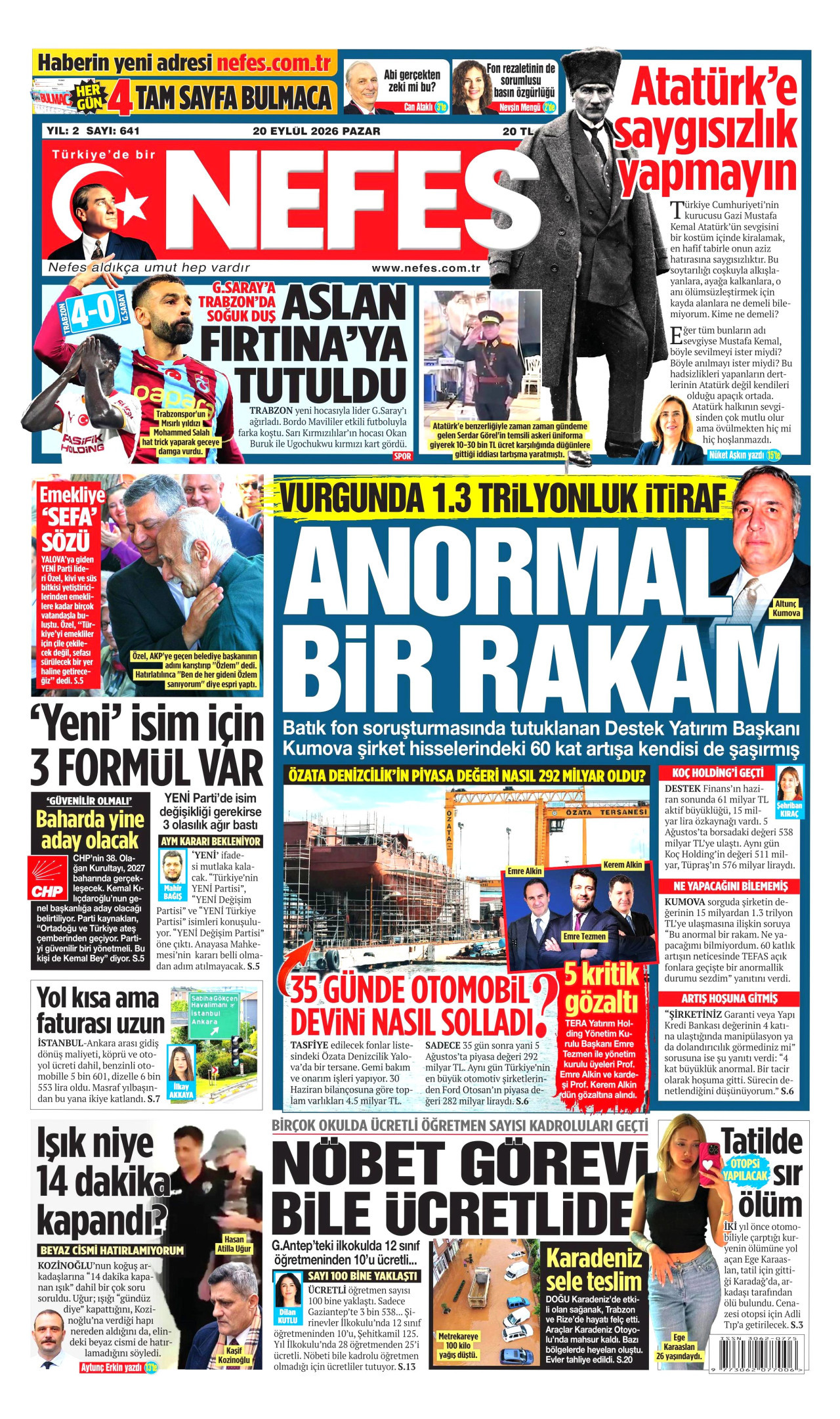 NEFES gazetesinin 20 Eylül 2026 tarihli birinci sayfası