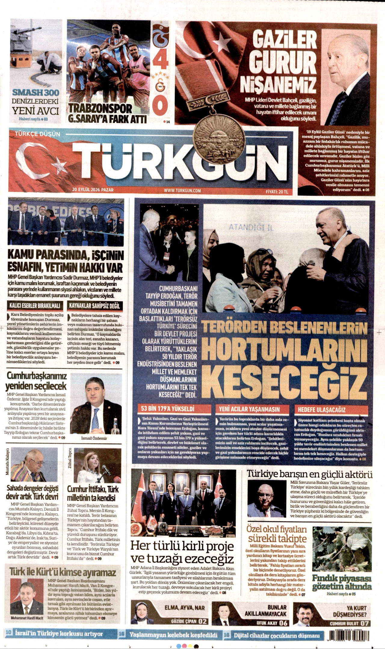 TÜRKGÜN gazetesinin 20 Eylül 2026 tarihli birinci sayfası