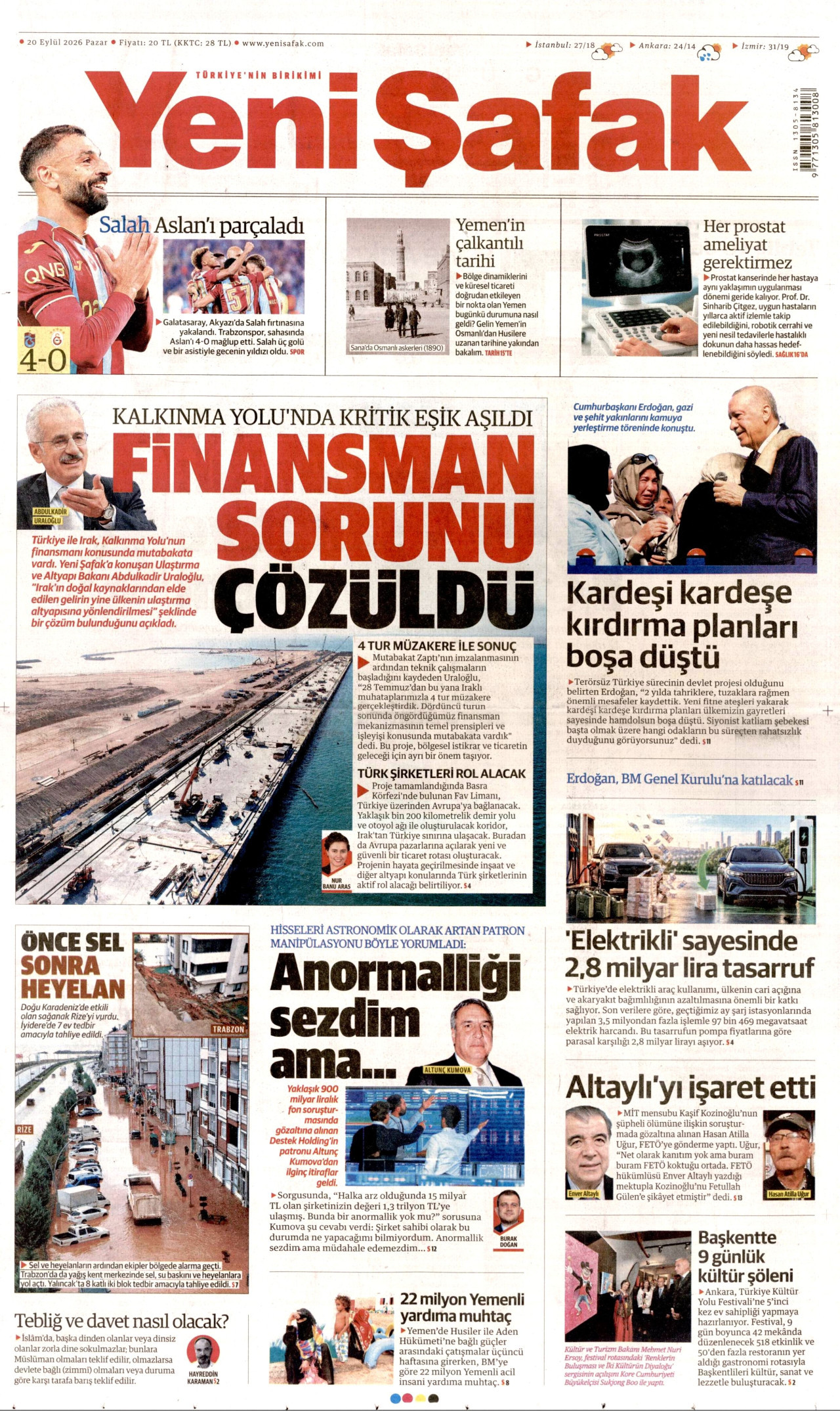 YENİ ŞAFAK gazetesinin 20 Eylül 2026 tarihli birinci sayfası