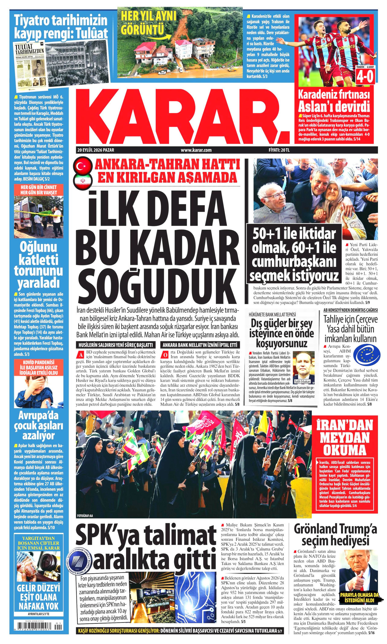 KARAR gazetesinin 20 Eylül 2026 tarihli birinci sayfası