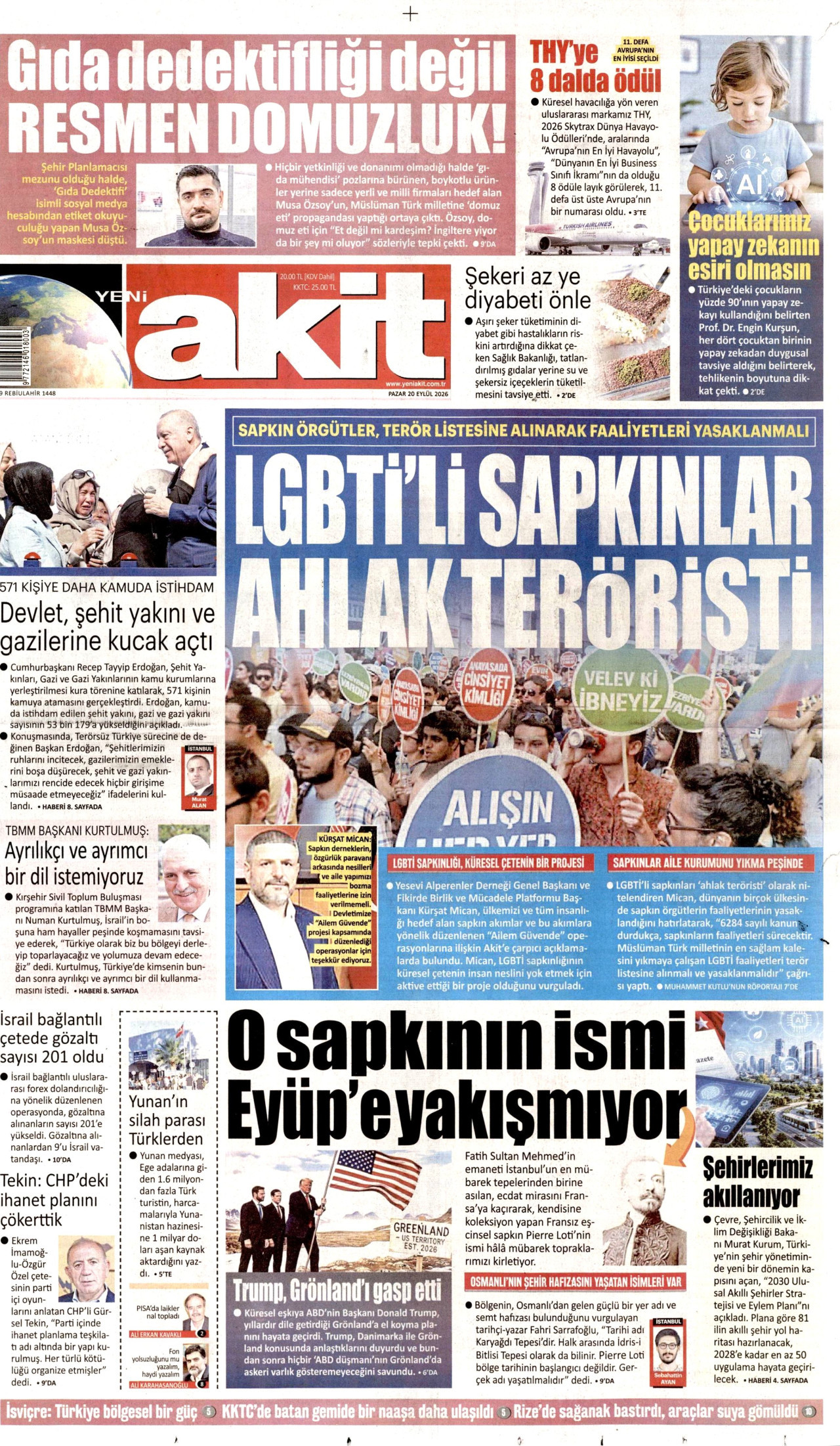 YENİ AKİT gazetesinin 20 Eylül 2026 tarihli birinci sayfası
