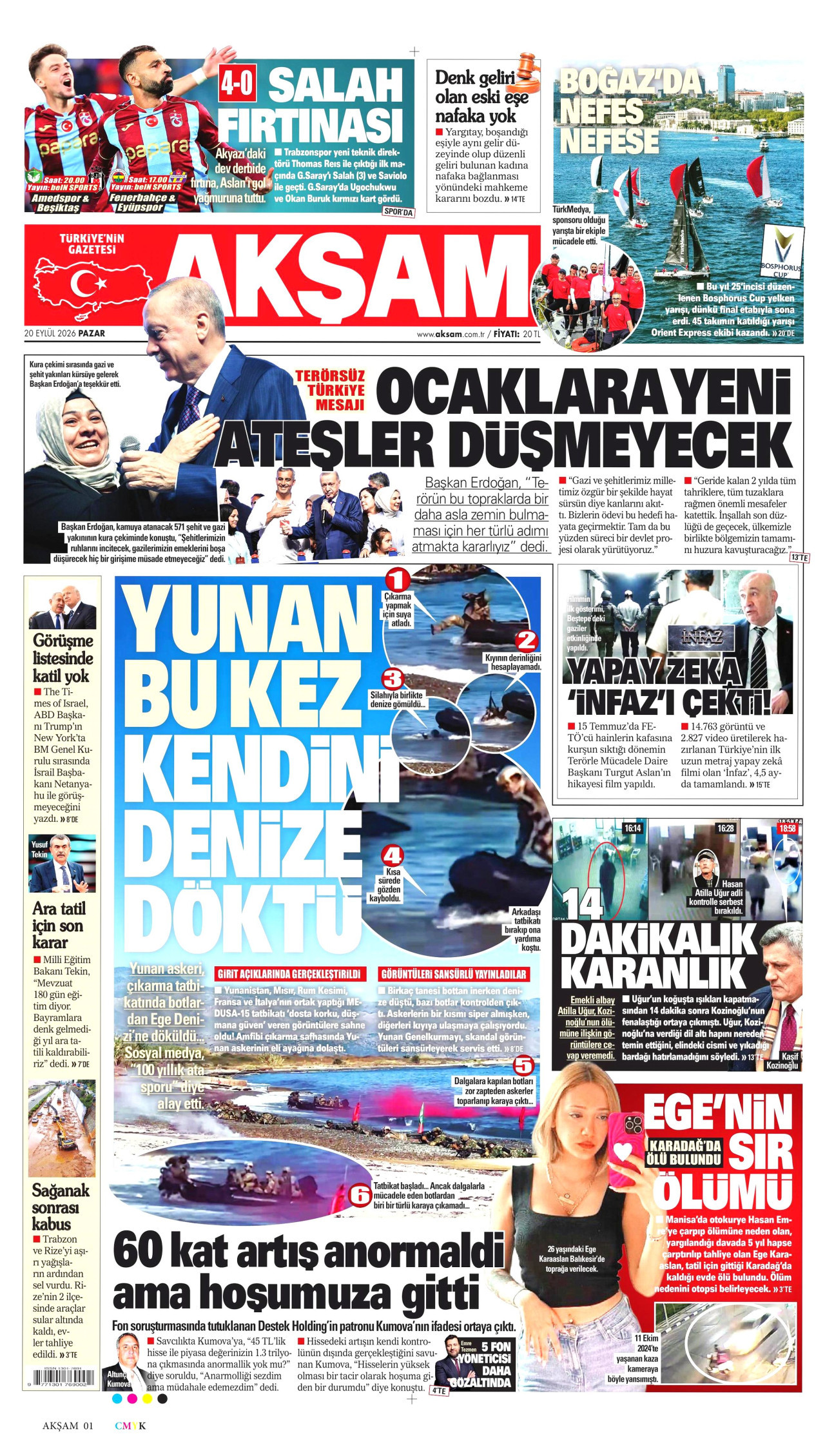 AKŞAM gazetesinin 20 Eylül 2026 tarihli birinci sayfası