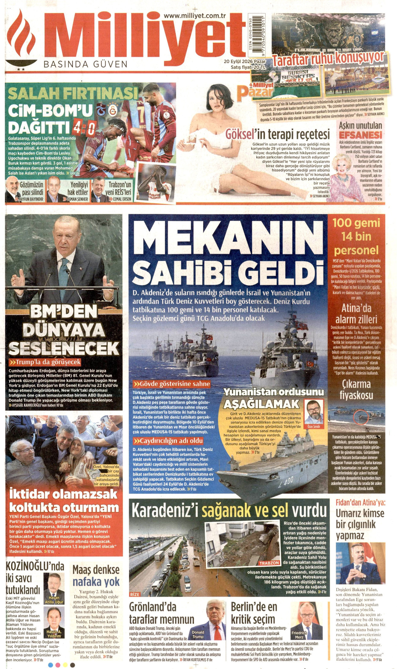 MİLLİYET gazetesinin 20 Eylül 2026 tarihli birinci sayfası