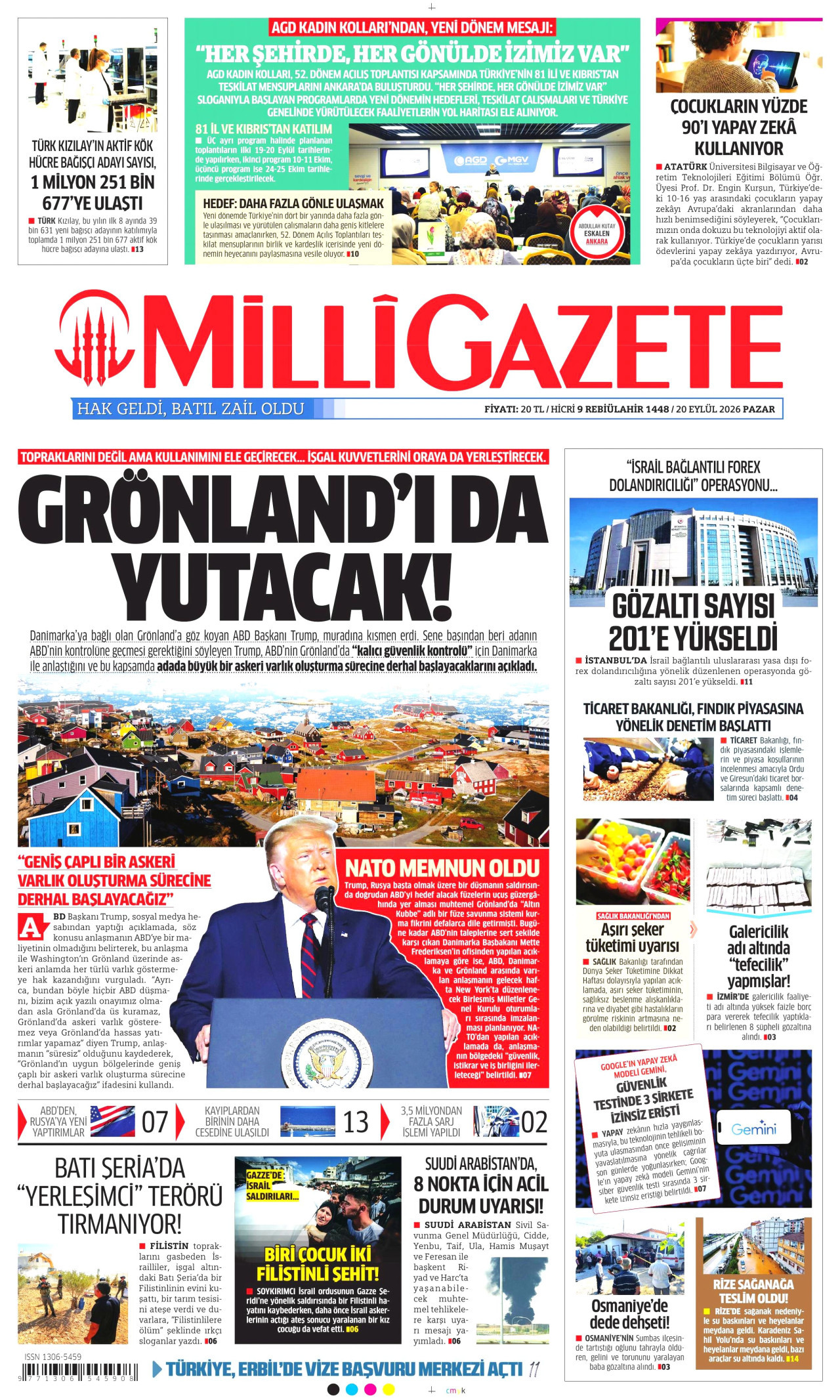 MİLLİ GAZETE gazetesinin 20 Eylül 2026 tarihli birinci sayfası