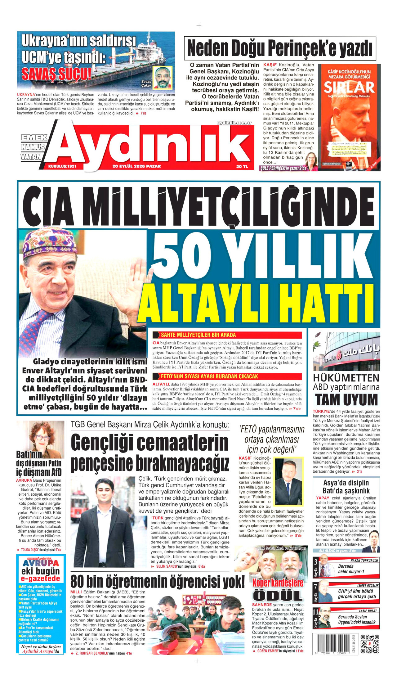 AYDINLIK GAZETESİ gazetesinin 20 Eylül 2026 tarihli birinci sayfası