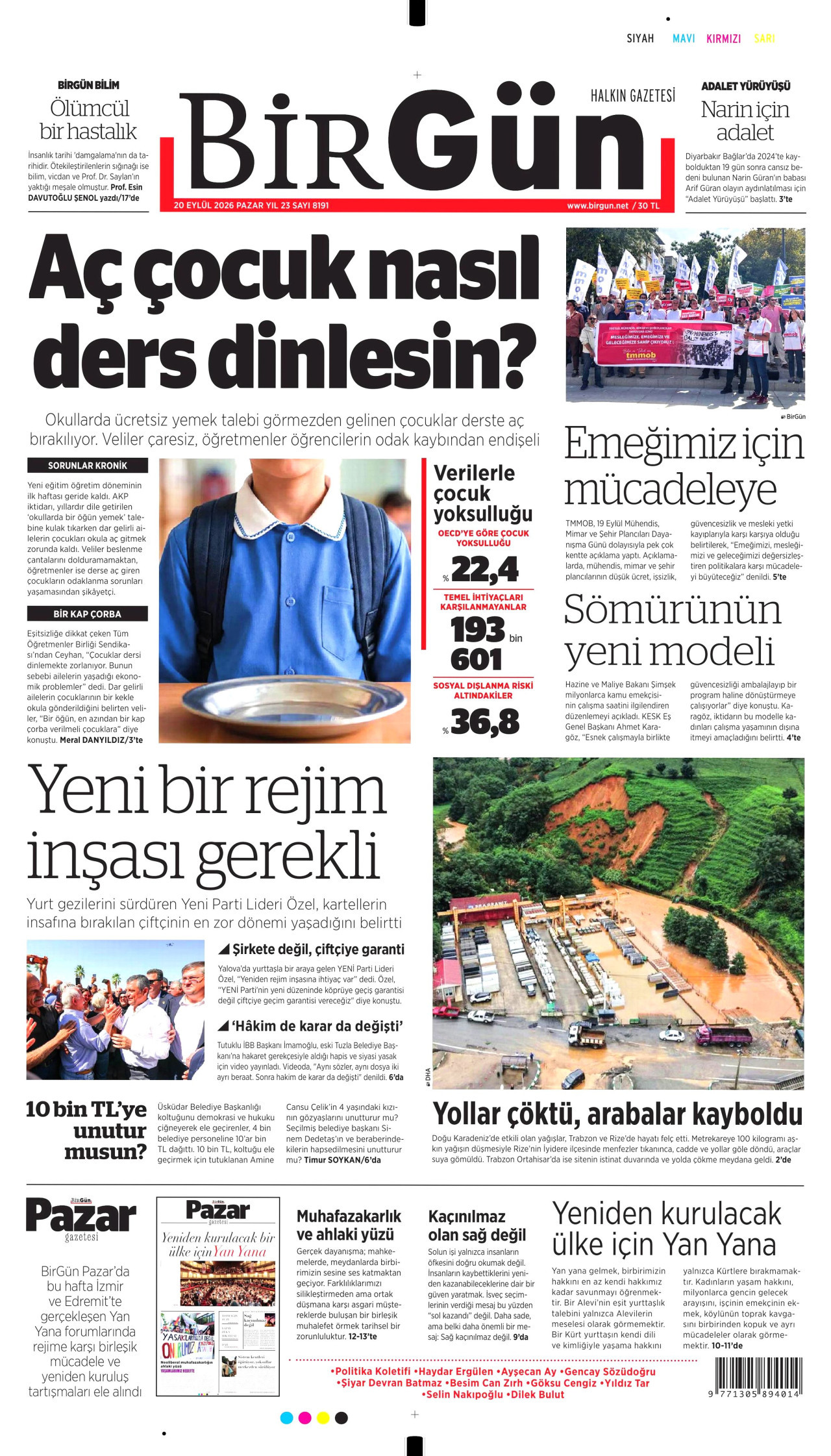 BİRGÜN gazetesinin 20 Eylül 2026 tarihli birinci sayfası
