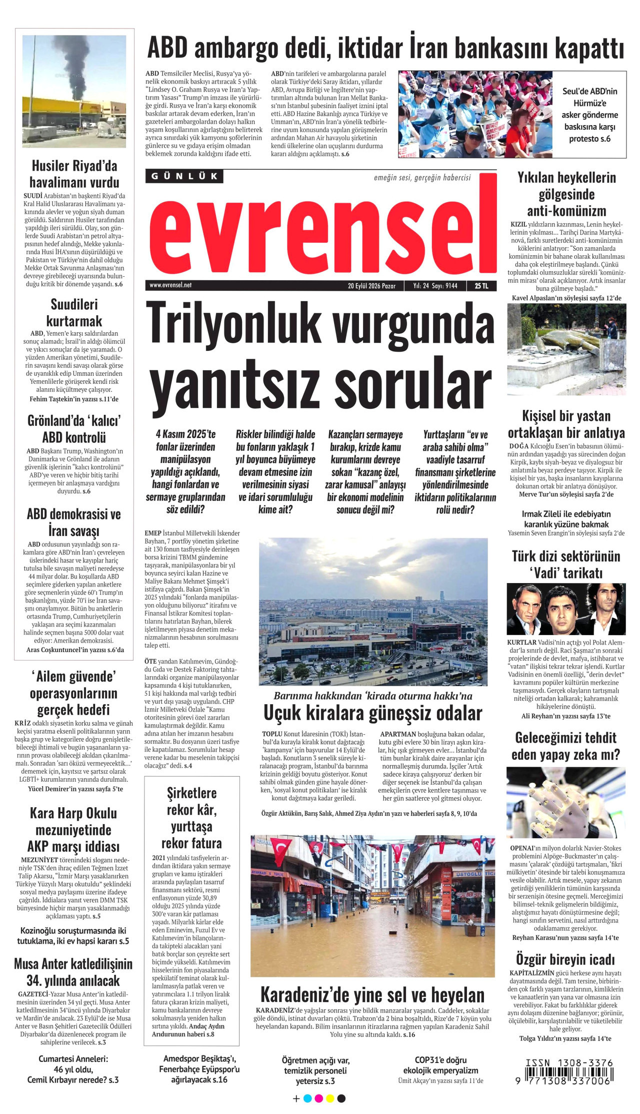EVRENSEL gazetesinin 20 Eylül 2026 tarihli birinci sayfası