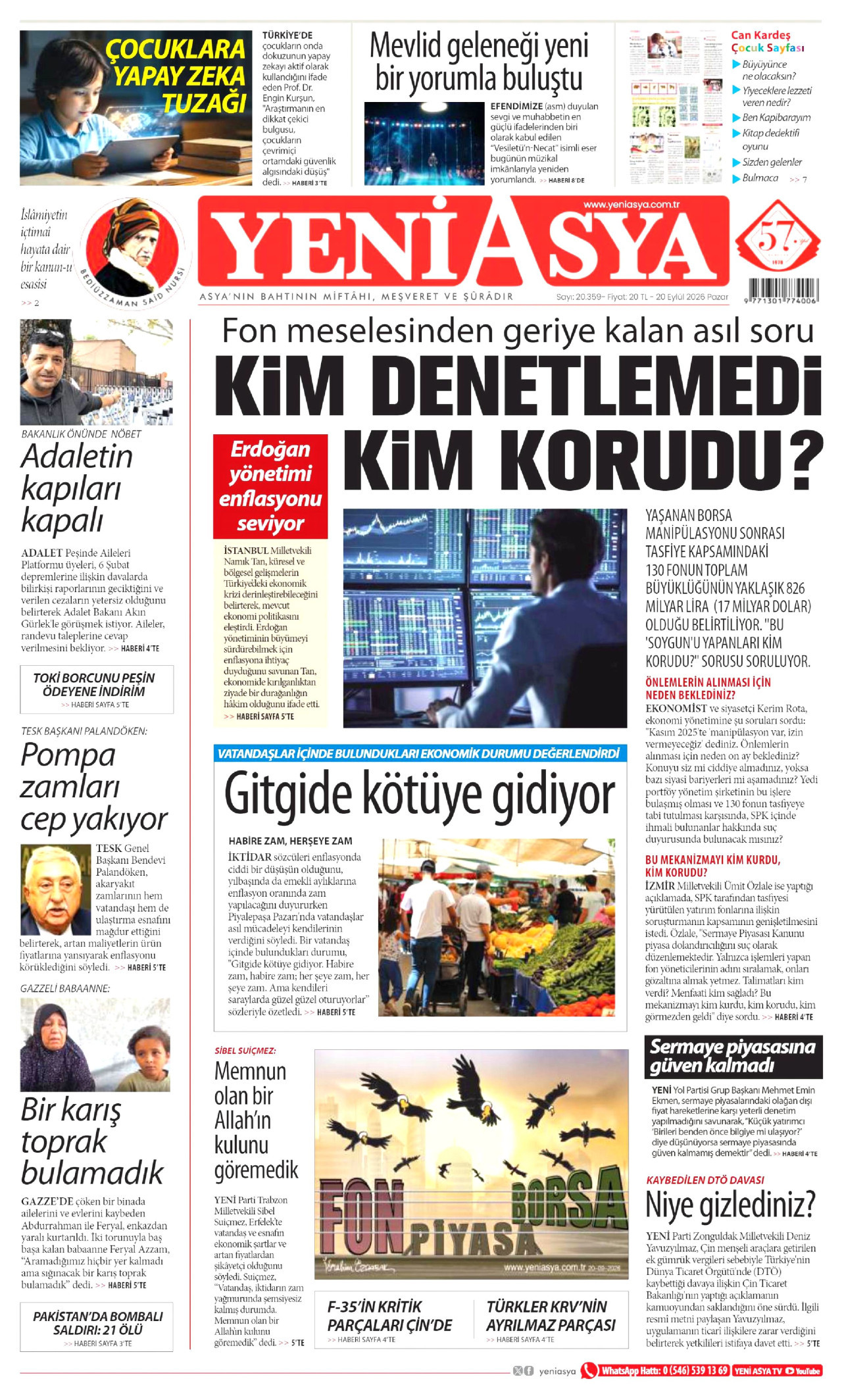 YENİ ASYA gazetesinin 20 Eylül 2026 tarihli birinci sayfası