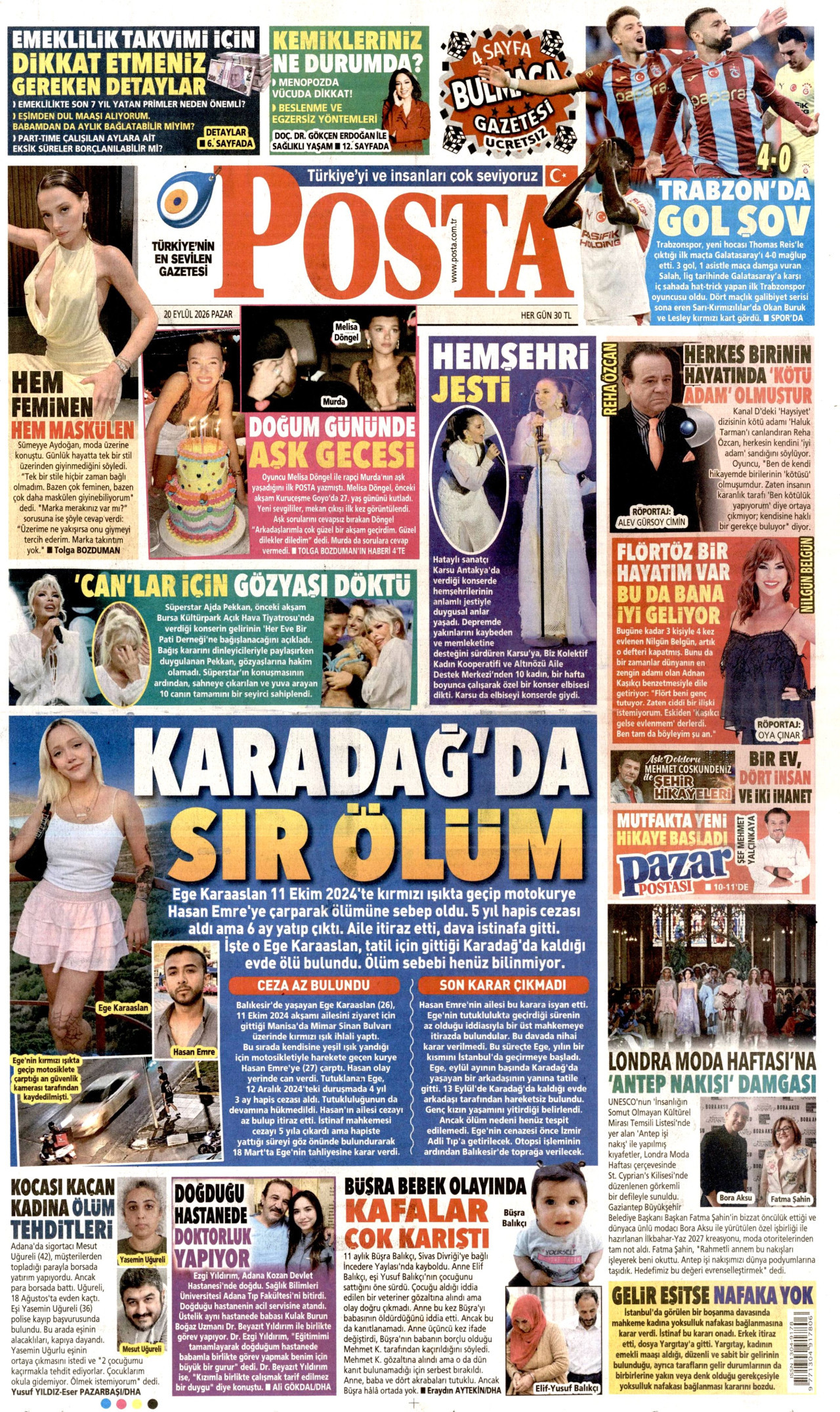 POSTA gazetesinin 20 Eylül 2026 tarihli birinci sayfası