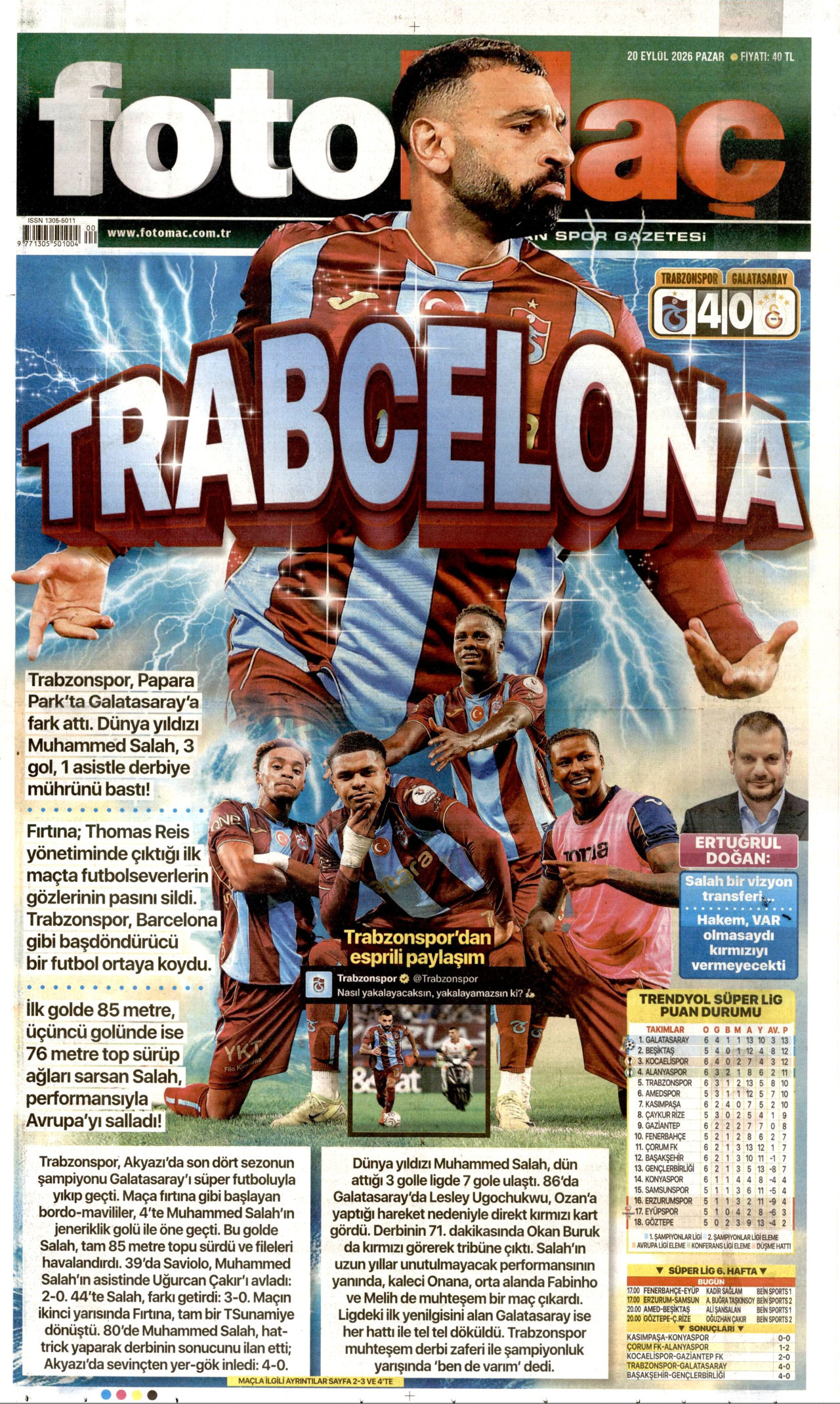 FOTOMAÇ gazetesinin 20 Eylül 2026 tarihli birinci sayfası