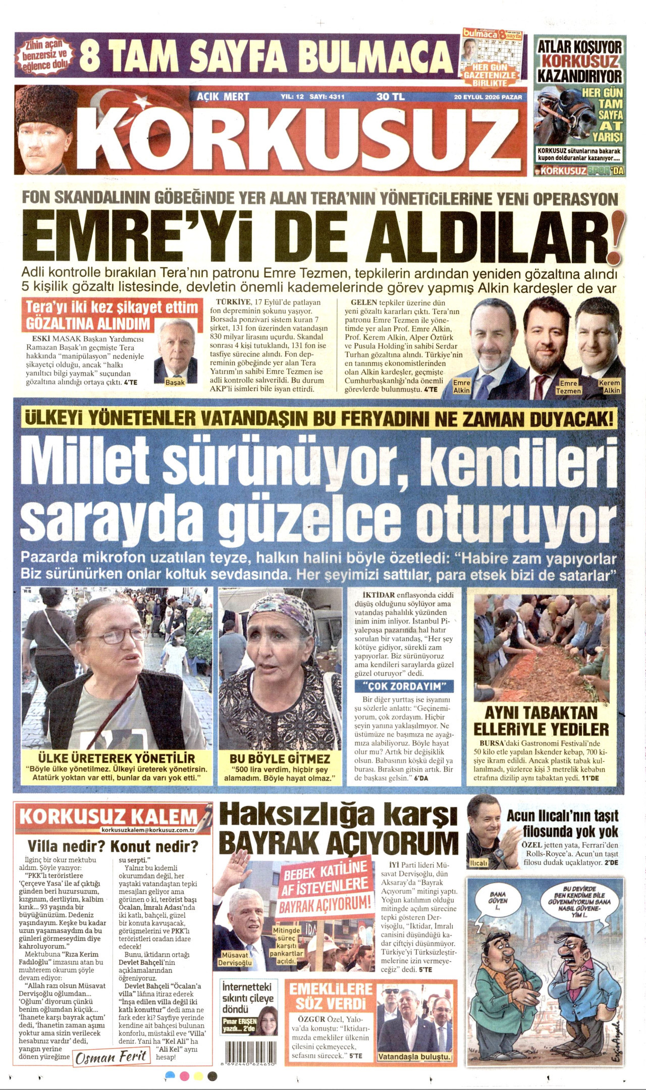 KORKUSUZ gazetesinin 20 Eylül 2026 tarihli birinci sayfası