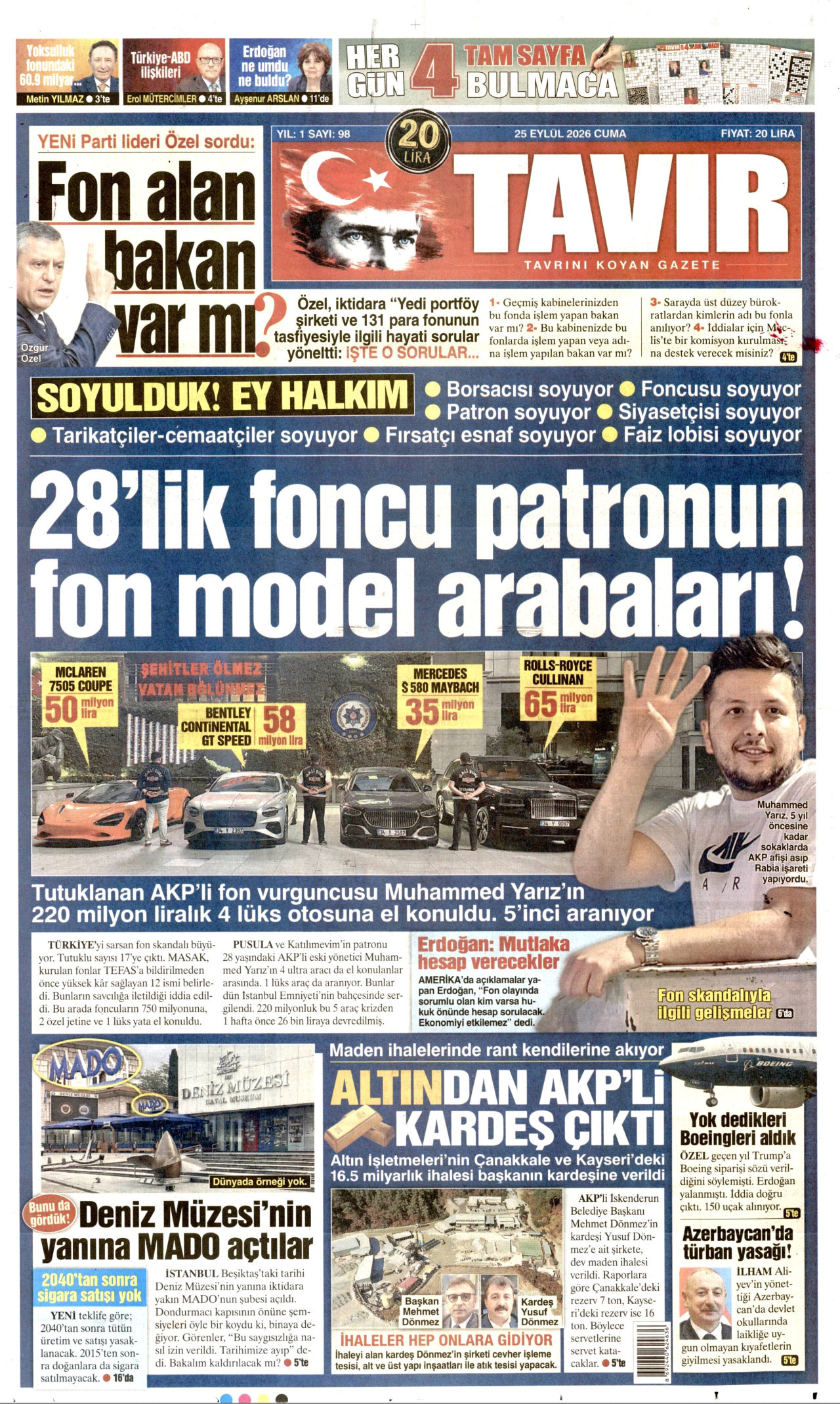 TAVIR GAZETESİ gazetesinin 25 Eylül 2026 tarihli birinci sayfası