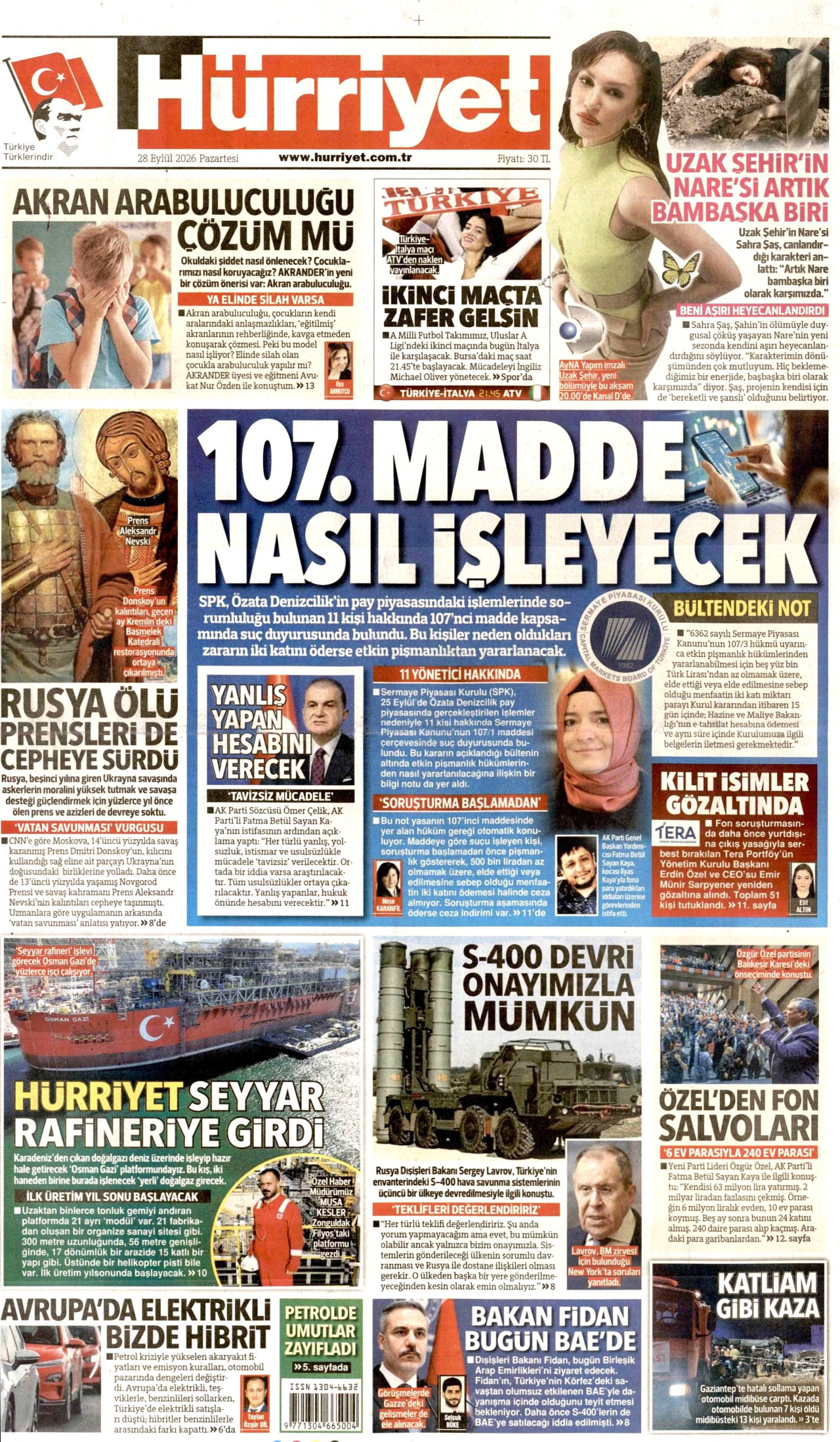 HÜRRİYET gazetesinin 28 Eylül 2026 tarihli birinci sayfası