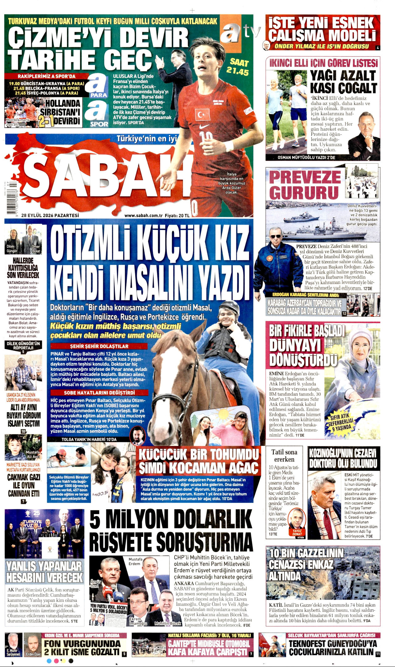 SABAH gazetesinin 28 Eylül 2026 tarihli birinci sayfası