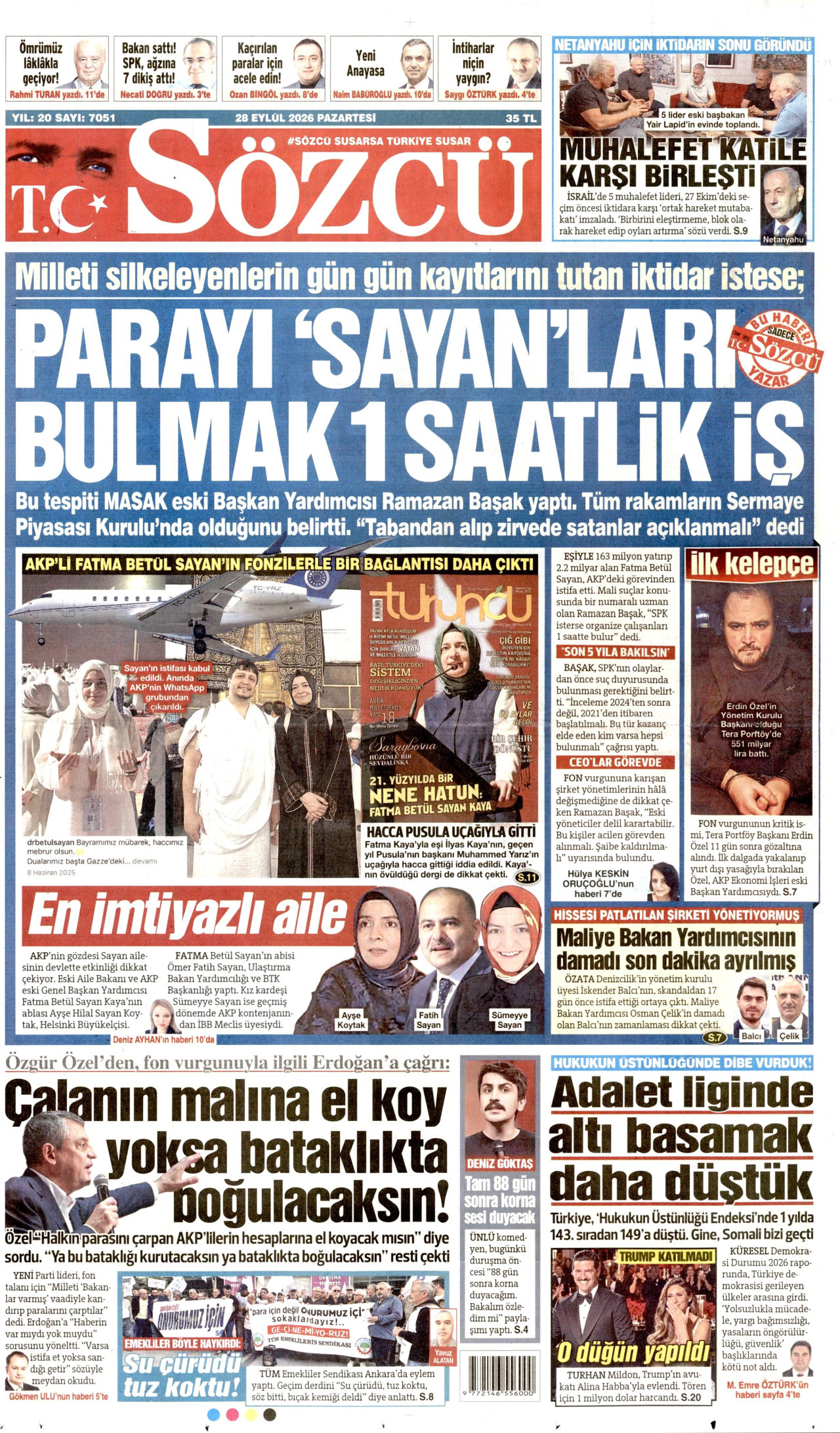SÖZCÜ gazetesinin 28 Eylül 2026 tarihli birinci sayfası
