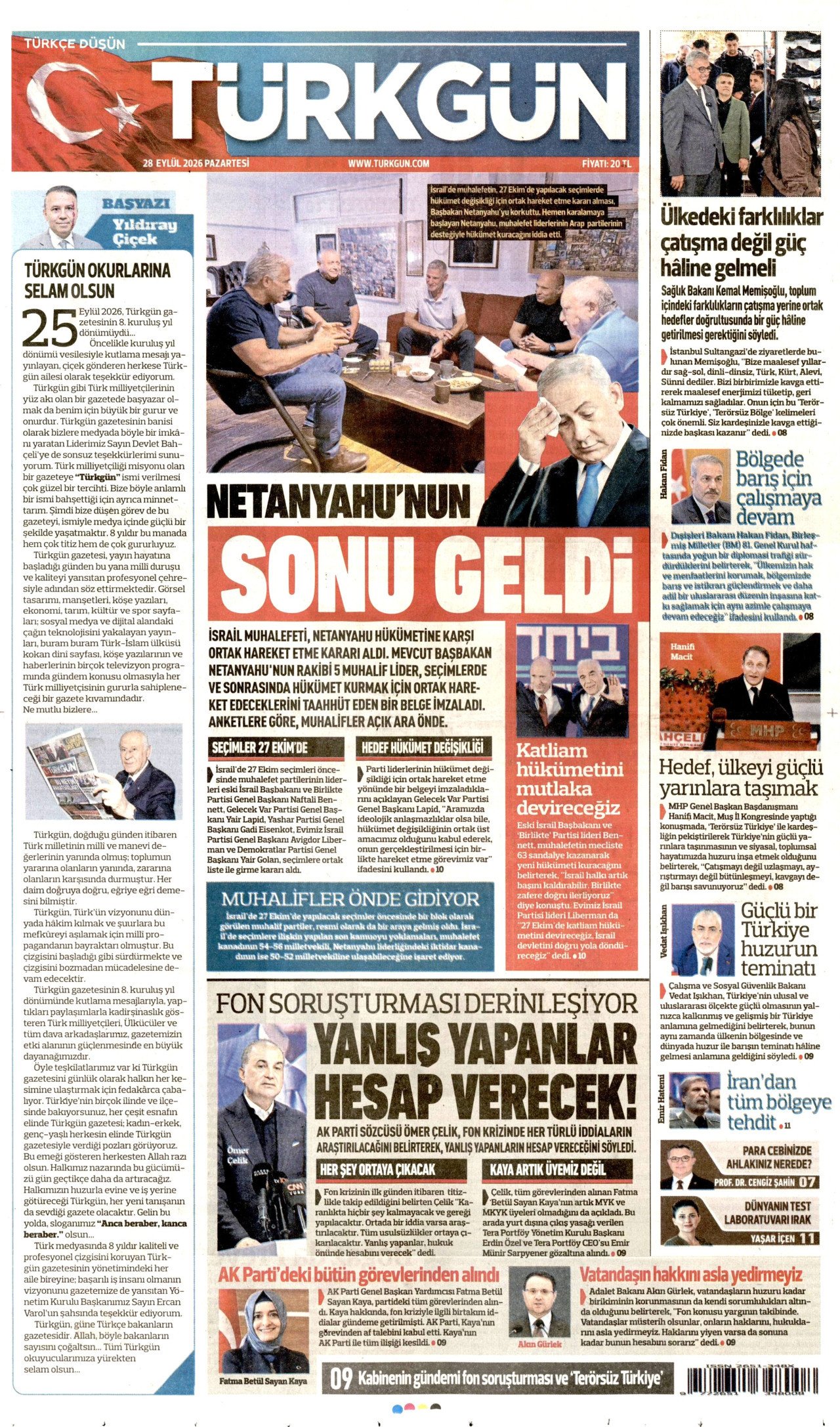 TÜRKGÜN gazetesinin 28 Eylül 2026 tarihli birinci sayfası