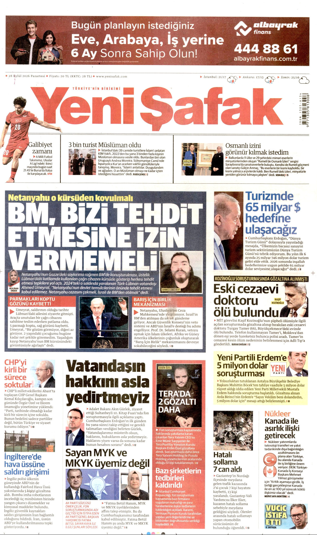 YENİ ŞAFAK gazetesinin 28 Eylül 2026 tarihli birinci sayfası
