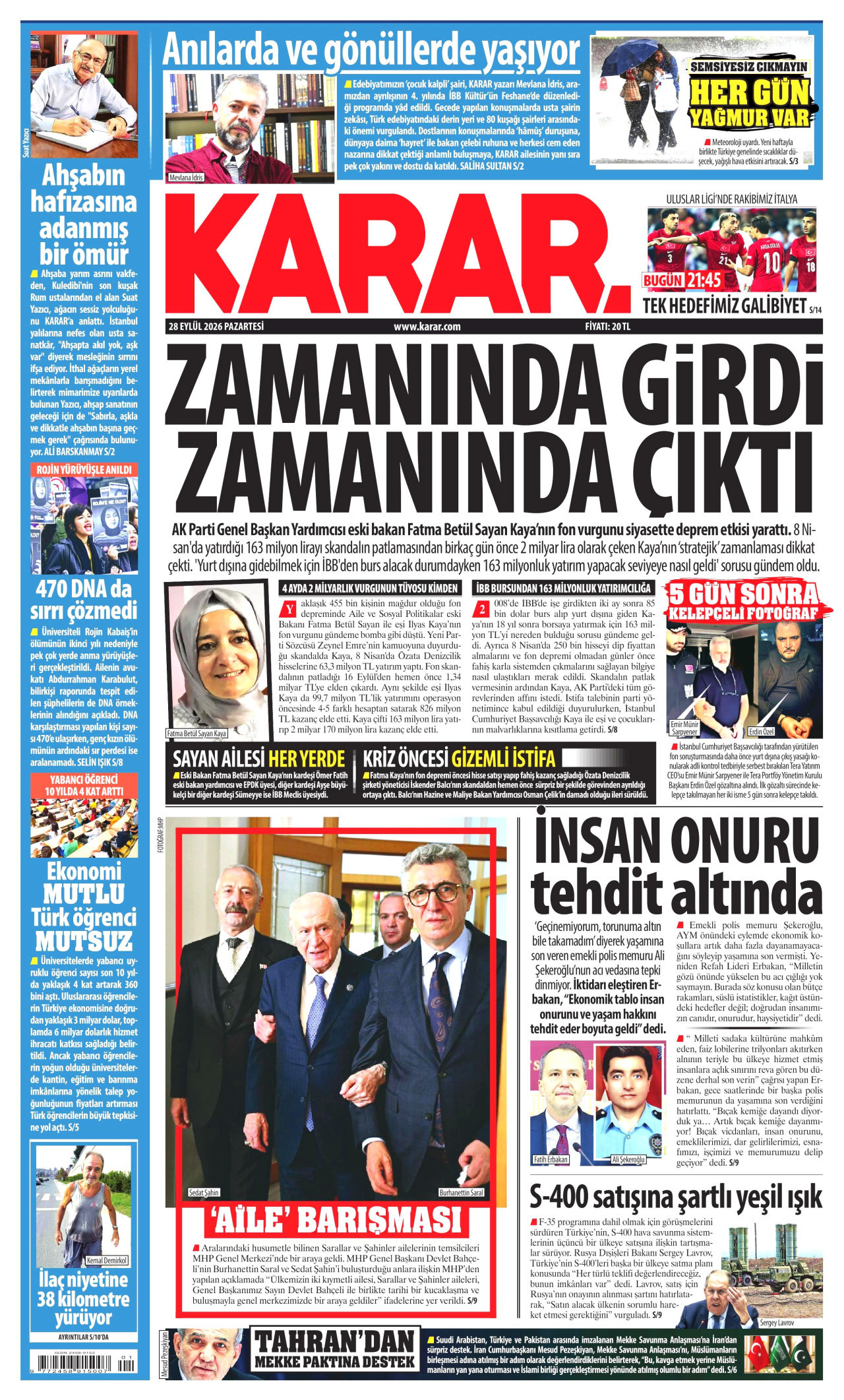 KARAR gazetesinin 28 Eylül 2026 tarihli birinci sayfası