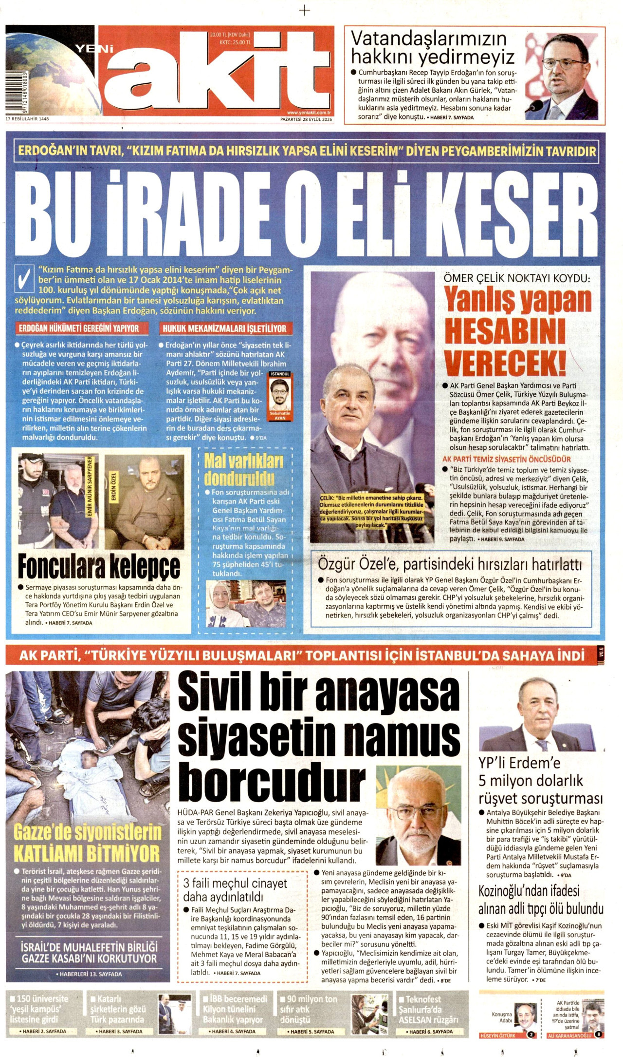 YENİ AKİT gazetesinin 28 Eylül 2026 tarihli birinci sayfası