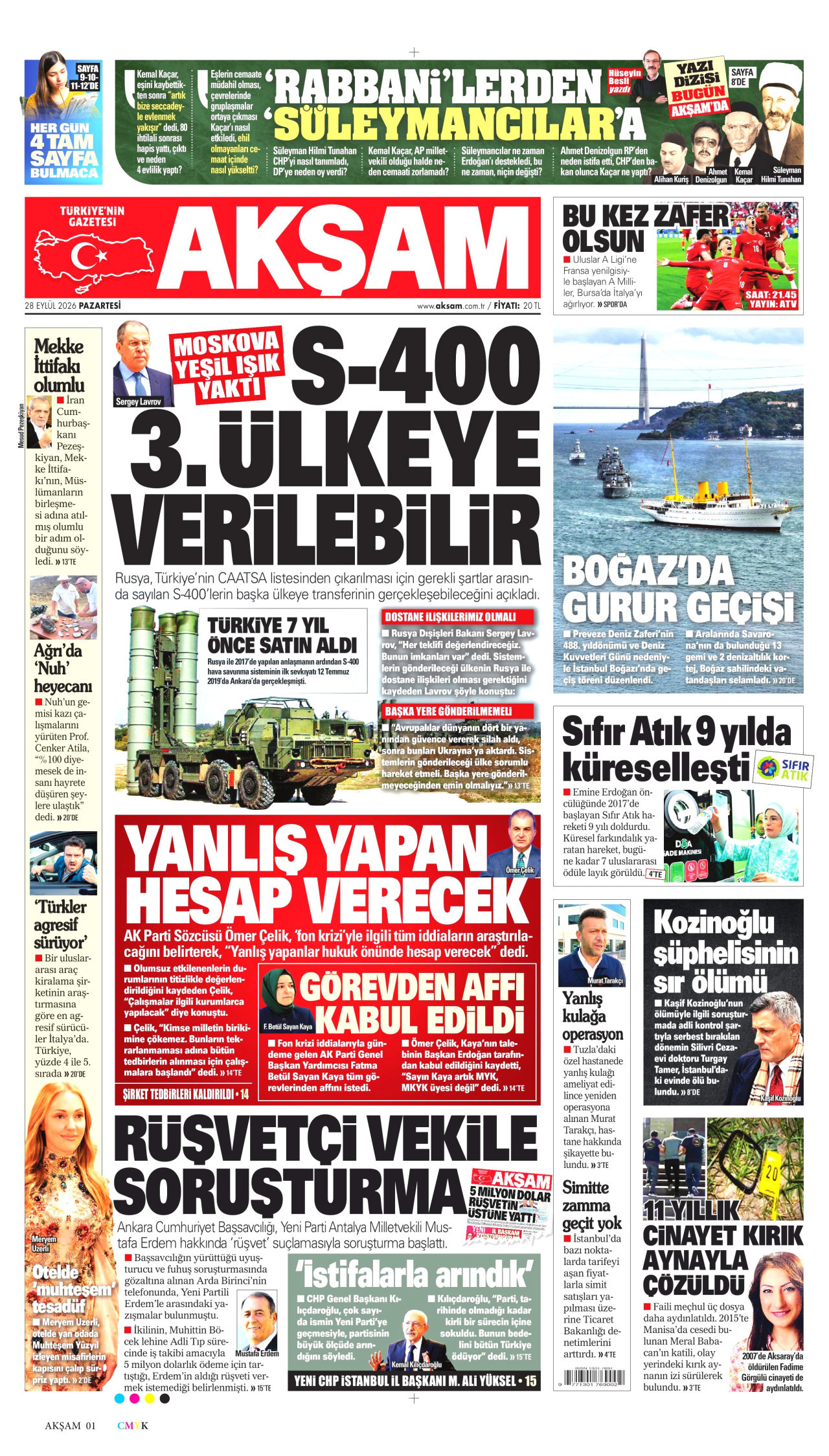 AKŞAM gazetesinin 28 Eylül 2026 tarihli birinci sayfası