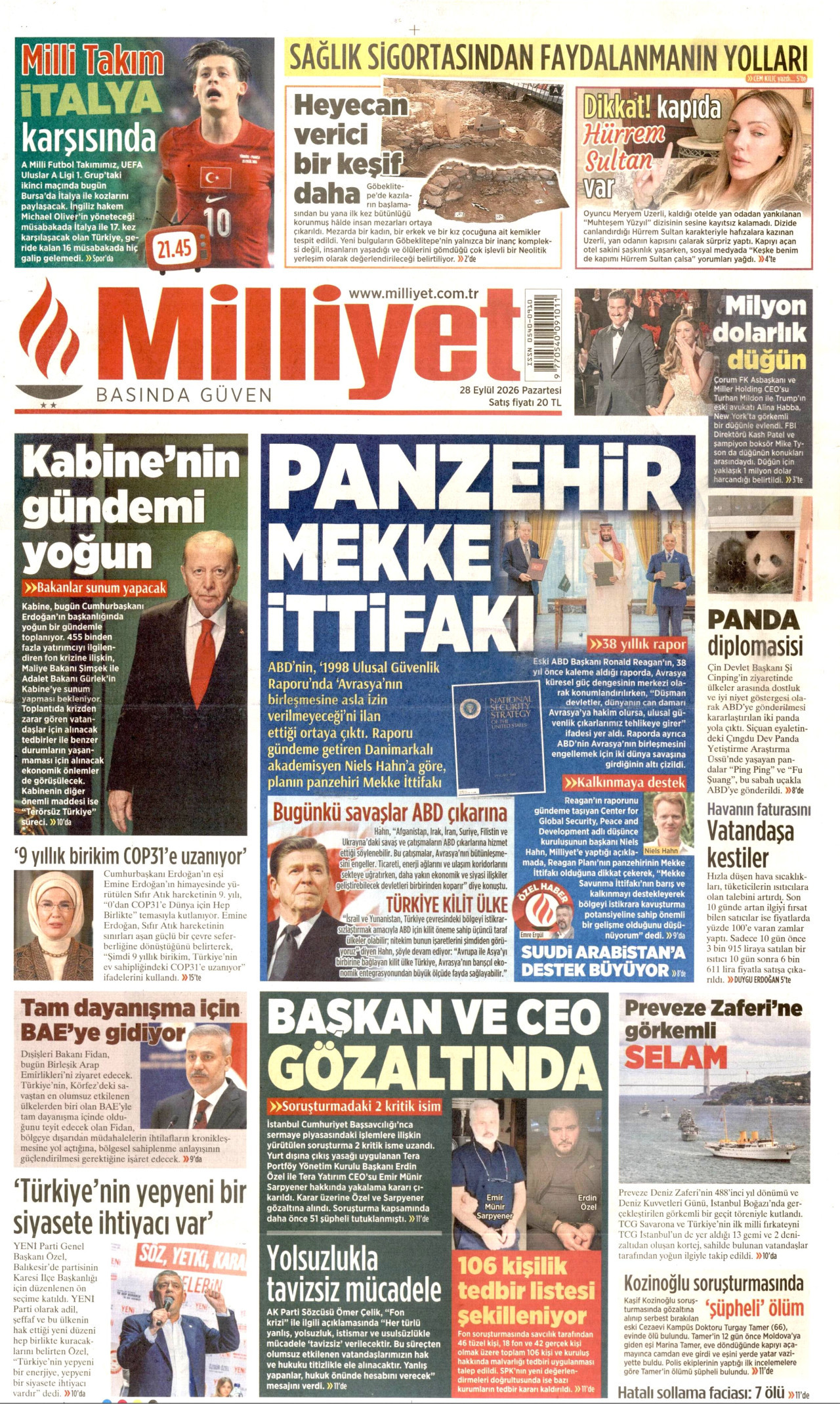 MİLLİYET gazetesinin 28 Eylül 2026 tarihli birinci sayfası