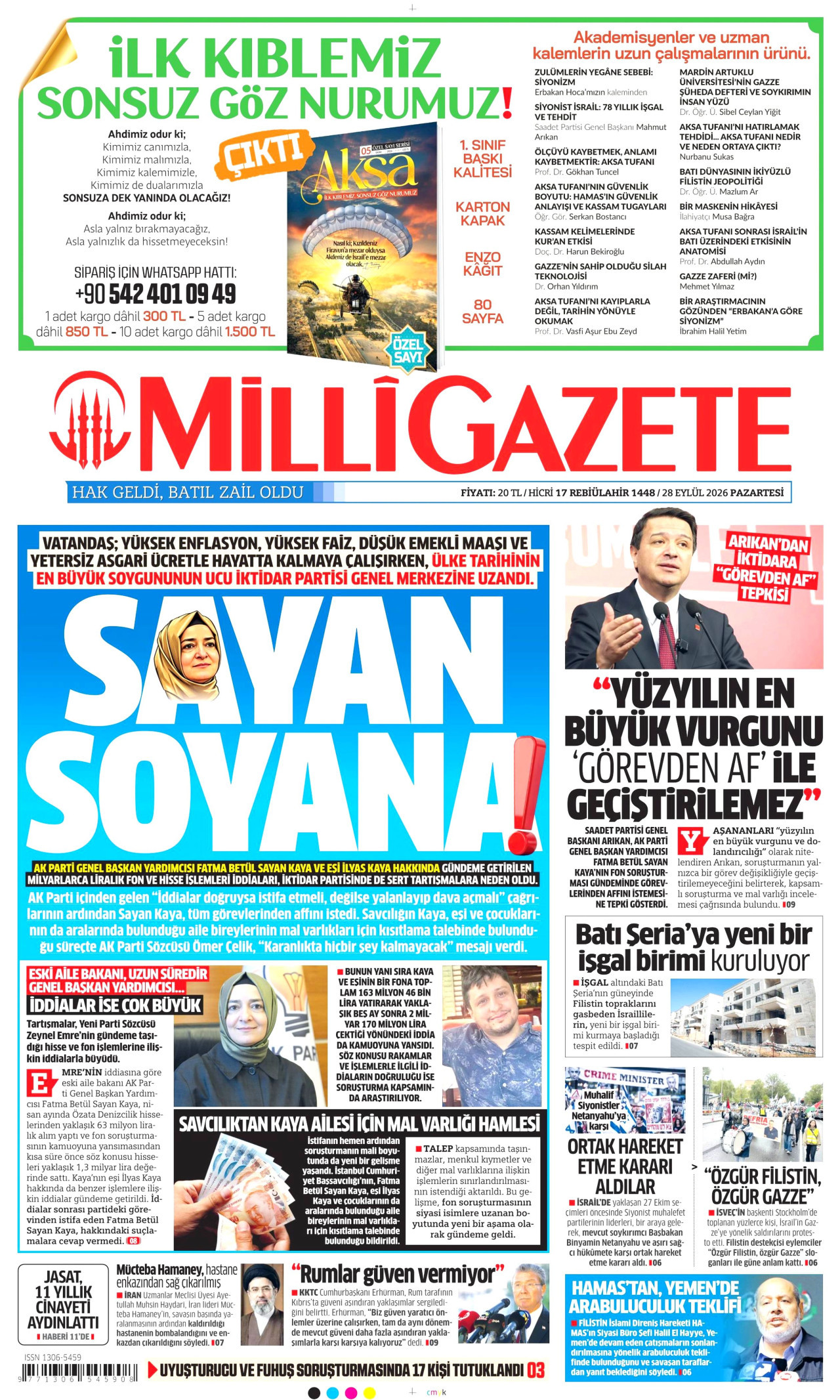 MİLLİ GAZETE gazetesinin 28 Eylül 2026 tarihli birinci sayfası