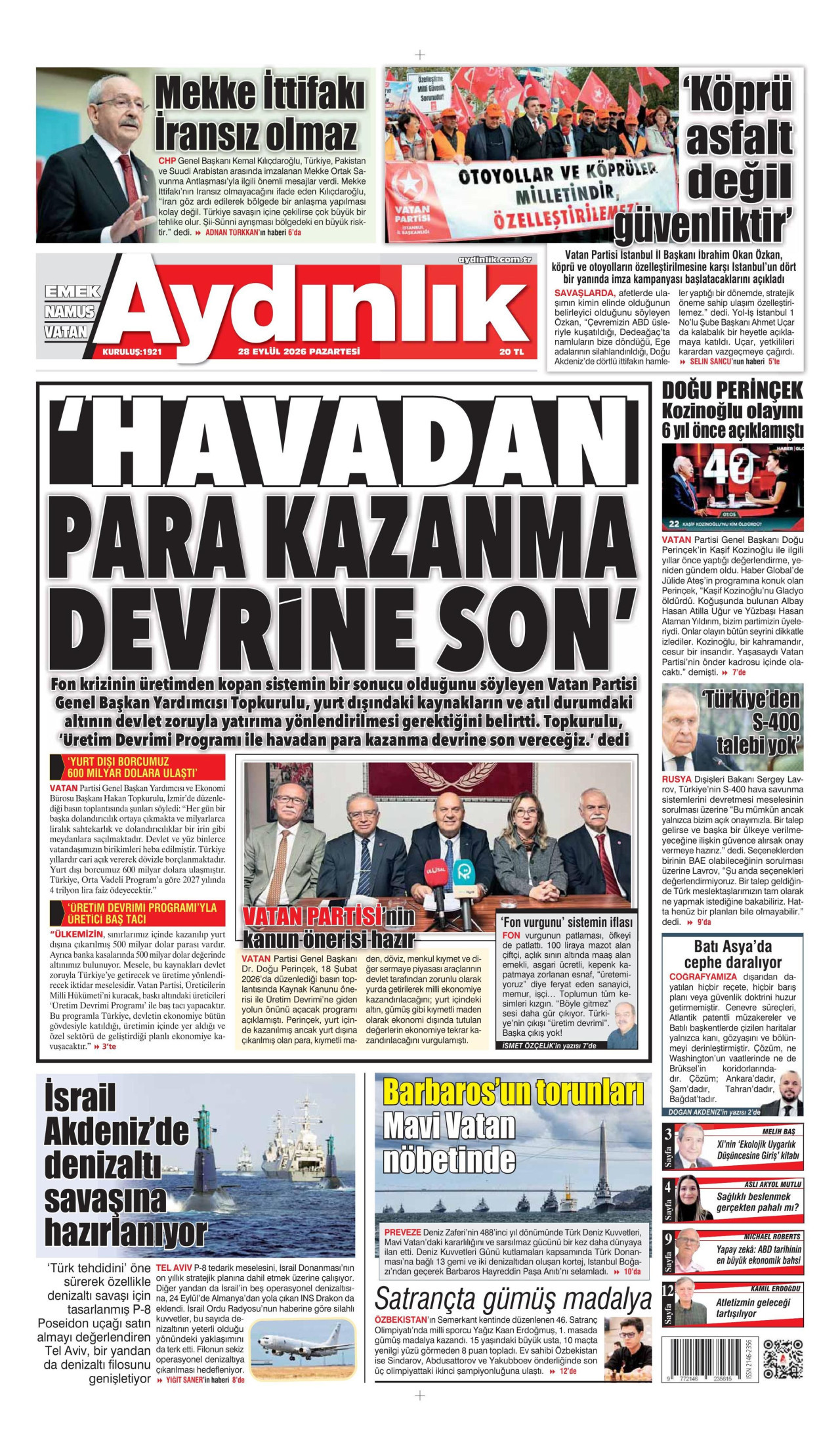AYDINLIK GAZETESİ gazetesinin 28 Eylül 2026 tarihli birinci sayfası
