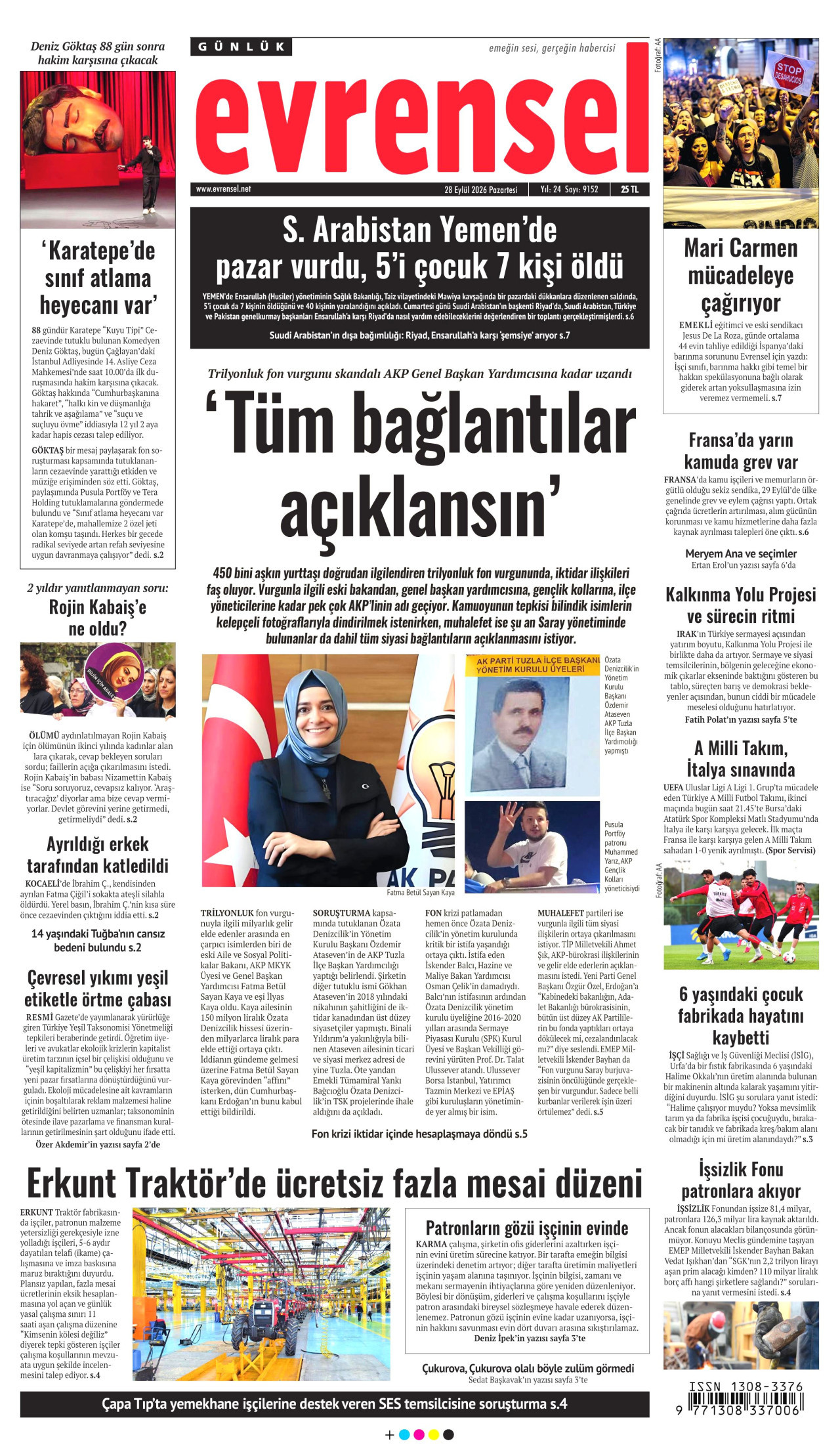 EVRENSEL gazetesinin 28 Eylül 2026 tarihli birinci sayfası
