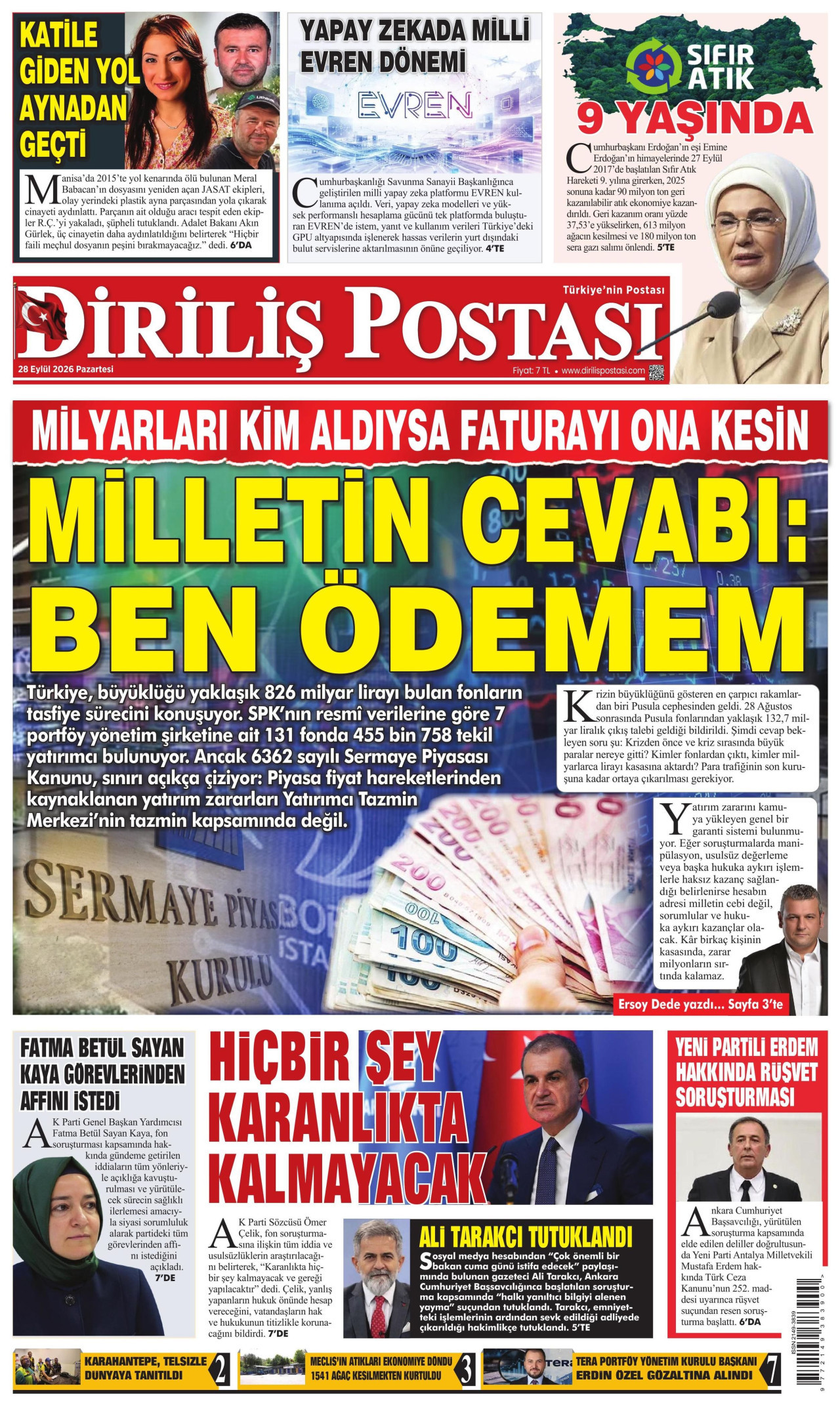 DİRİLİŞ POSTASI gazetesinin 28 Eylül 2026 tarihli birinci sayfası