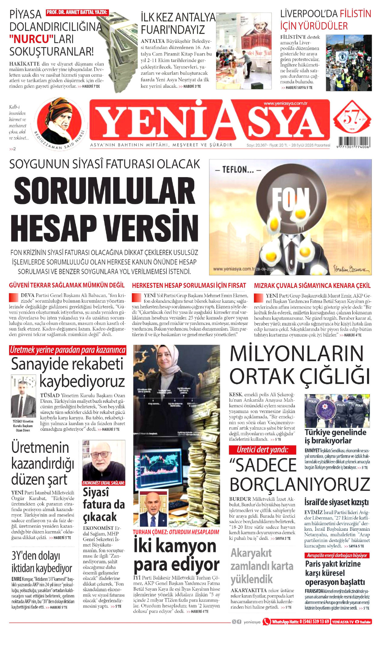 YENİ ASYA gazetesinin 28 Eylül 2026 tarihli birinci sayfası