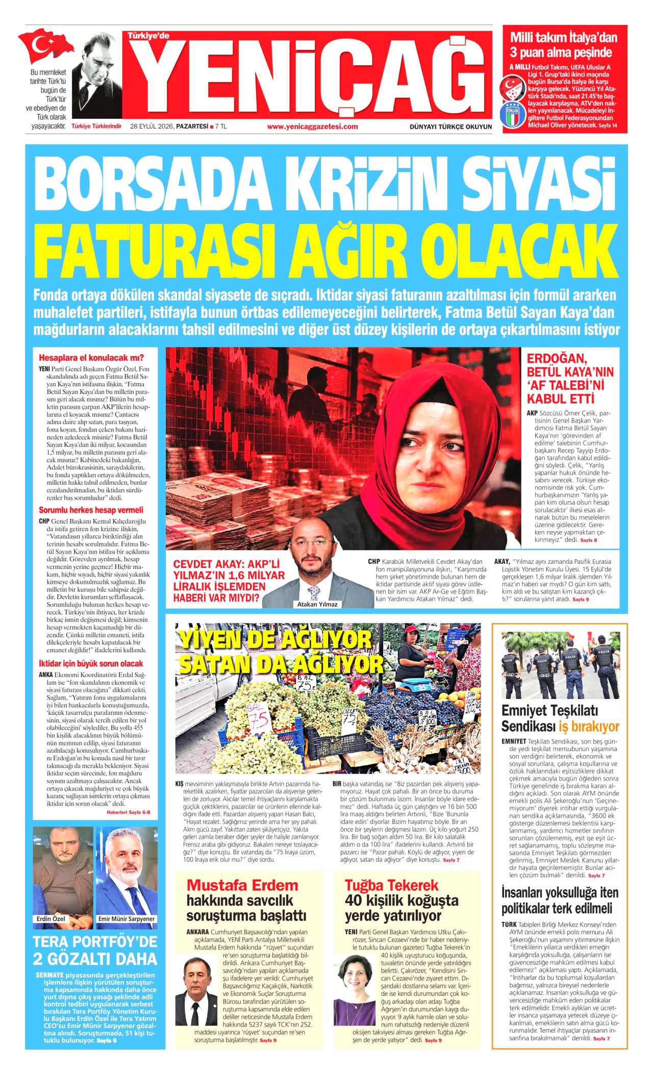 YENİÇAĞ gazetesinin 28 Eylül 2026 tarihli birinci sayfası