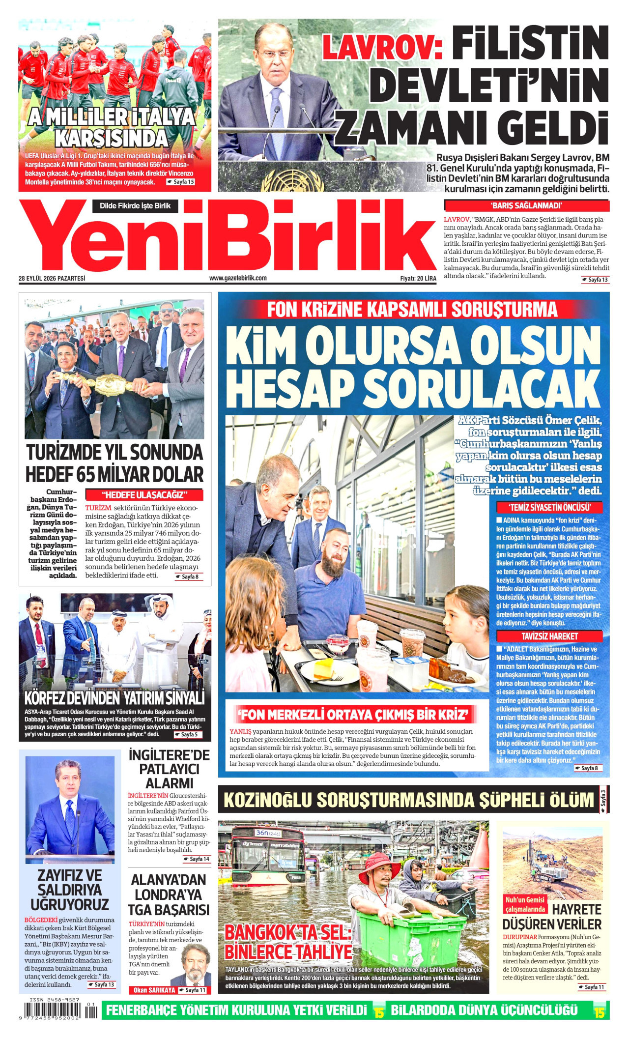 YENİBİRLİK gazetesinin 28 Eylül 2026 tarihli birinci sayfası