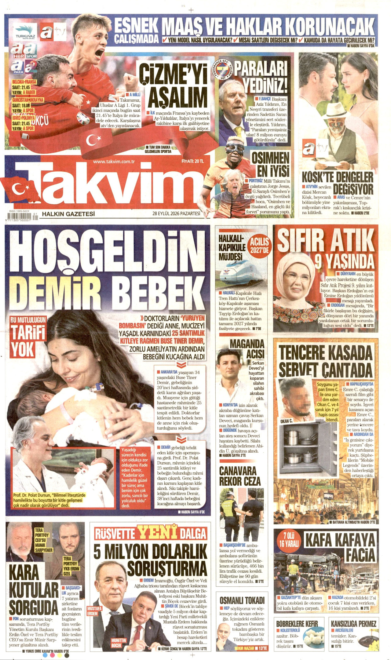 TAKVİM gazetesinin 28 Eylül 2026 tarihli birinci sayfası