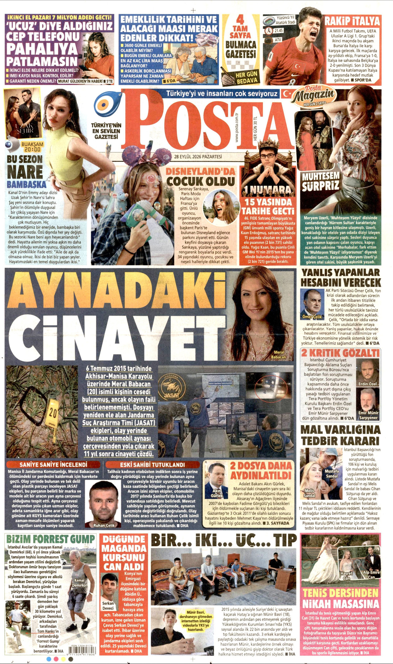 POSTA gazetesinin 28 Eylül 2026 tarihli birinci sayfası
