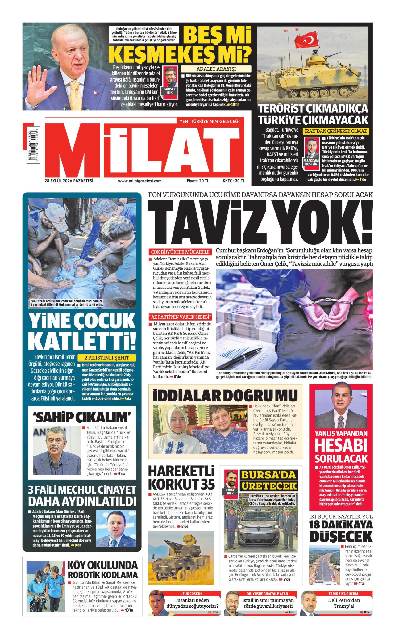 MİLAT gazetesinin 28 Eylül 2026 tarihli birinci sayfası