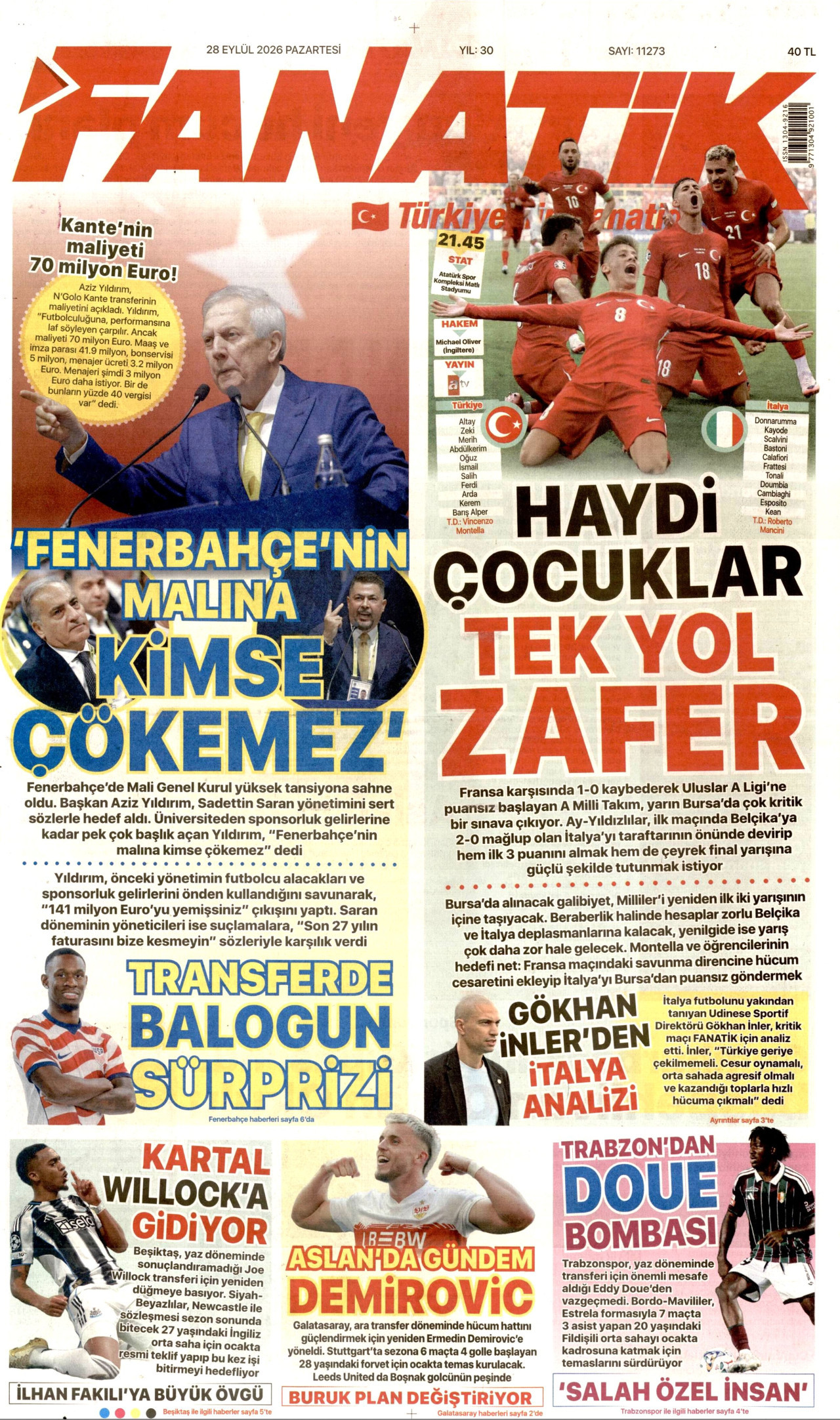 FANATİK gazetesinin 28 Eylül 2026 tarihli birinci sayfası