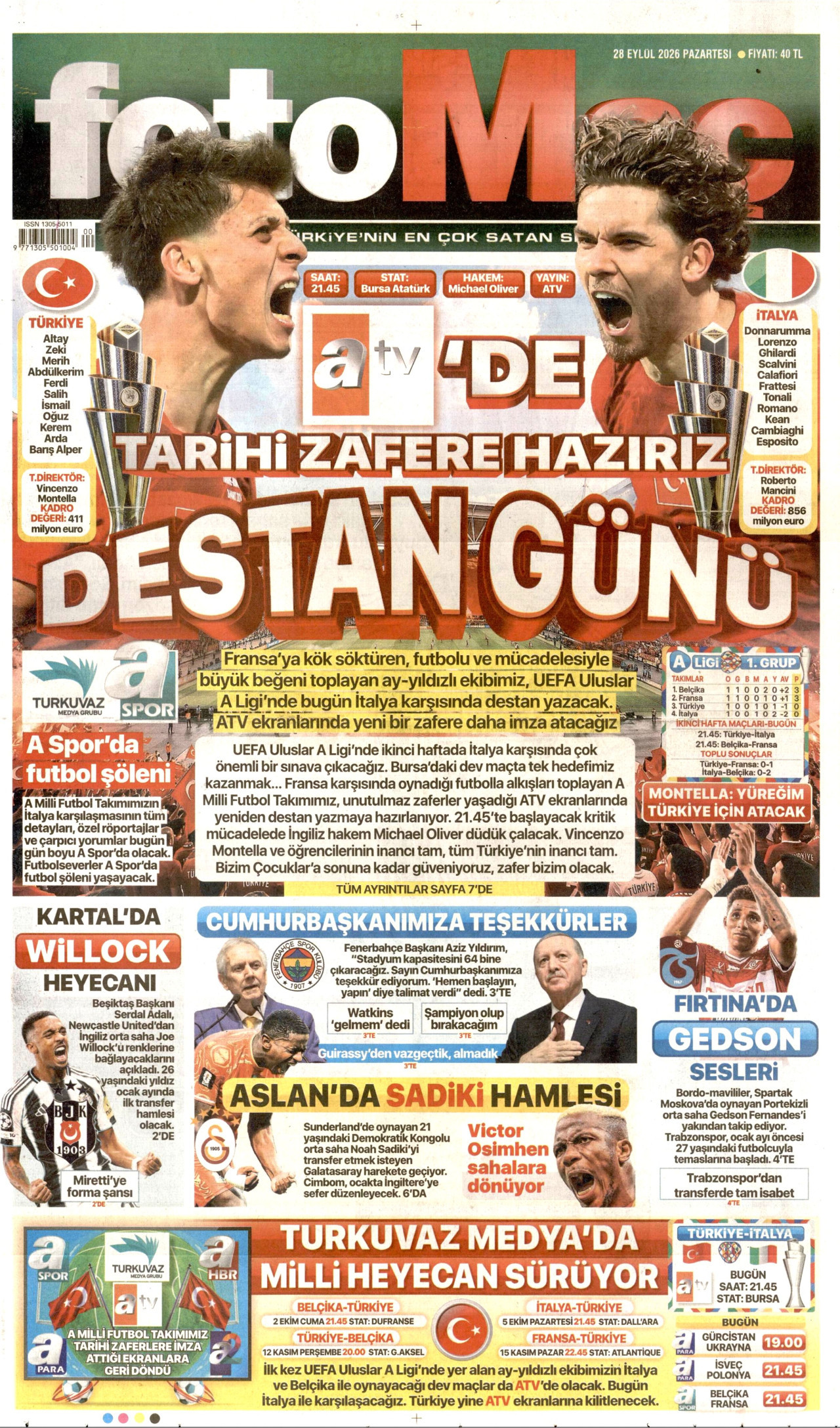 FOTOMAÇ gazetesinin 28 Eylül 2026 tarihli birinci sayfası